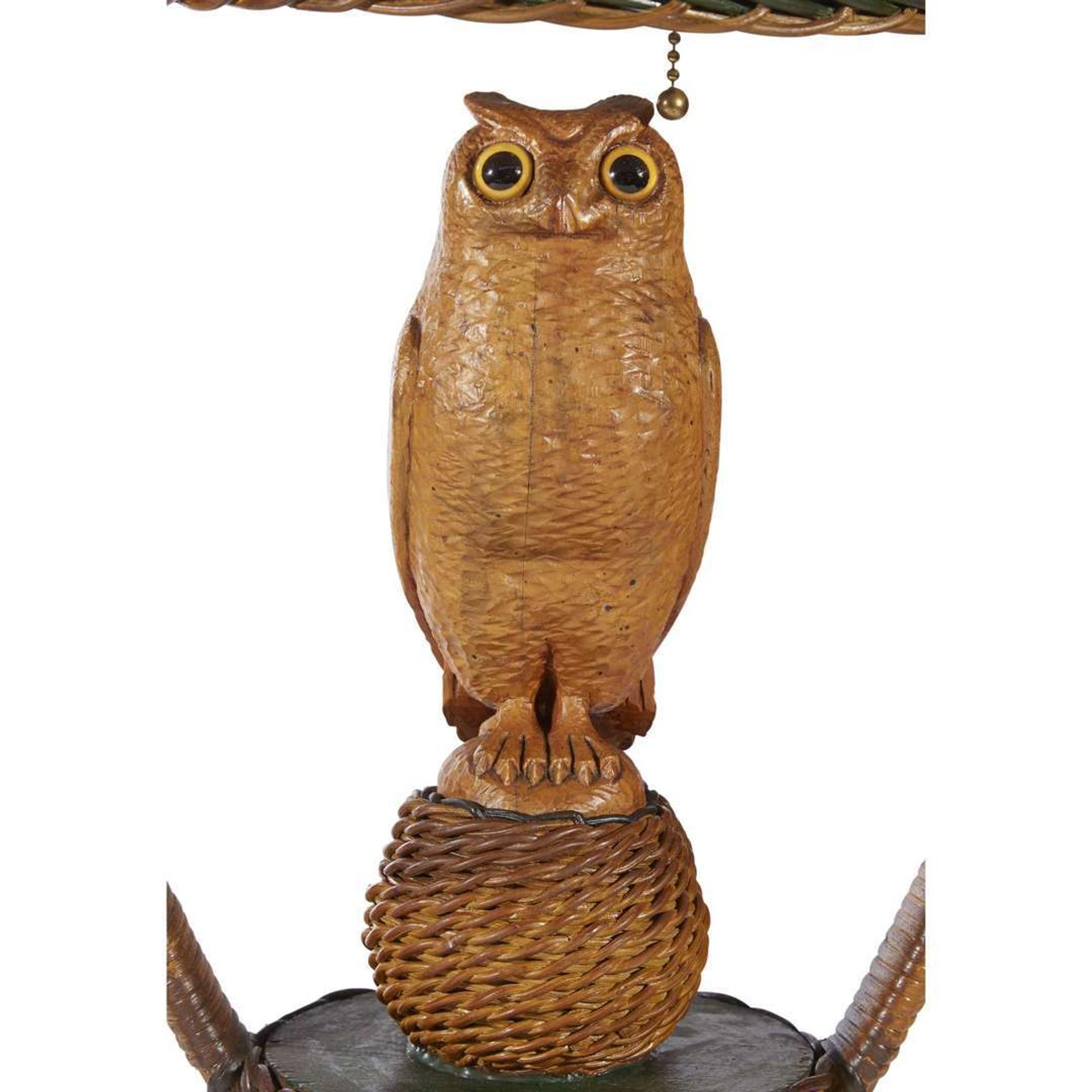 A pair of polychrome painted, carved wood and fabric-lined tables lamps with owls american, circa 1900