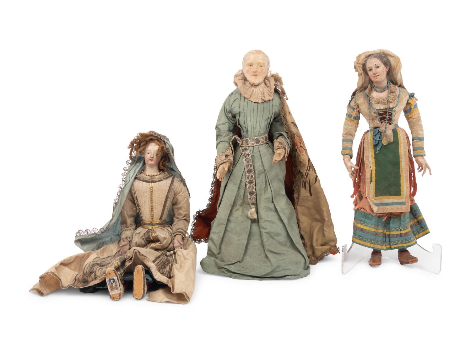 Three Italian Carved and Polychromed Wood and Gesso Crèche Figures