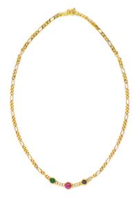An 18 Karat Yellow Gold, Ruby, Emerald, Sapphire and Diamond Necklace, 10.80 dwts.