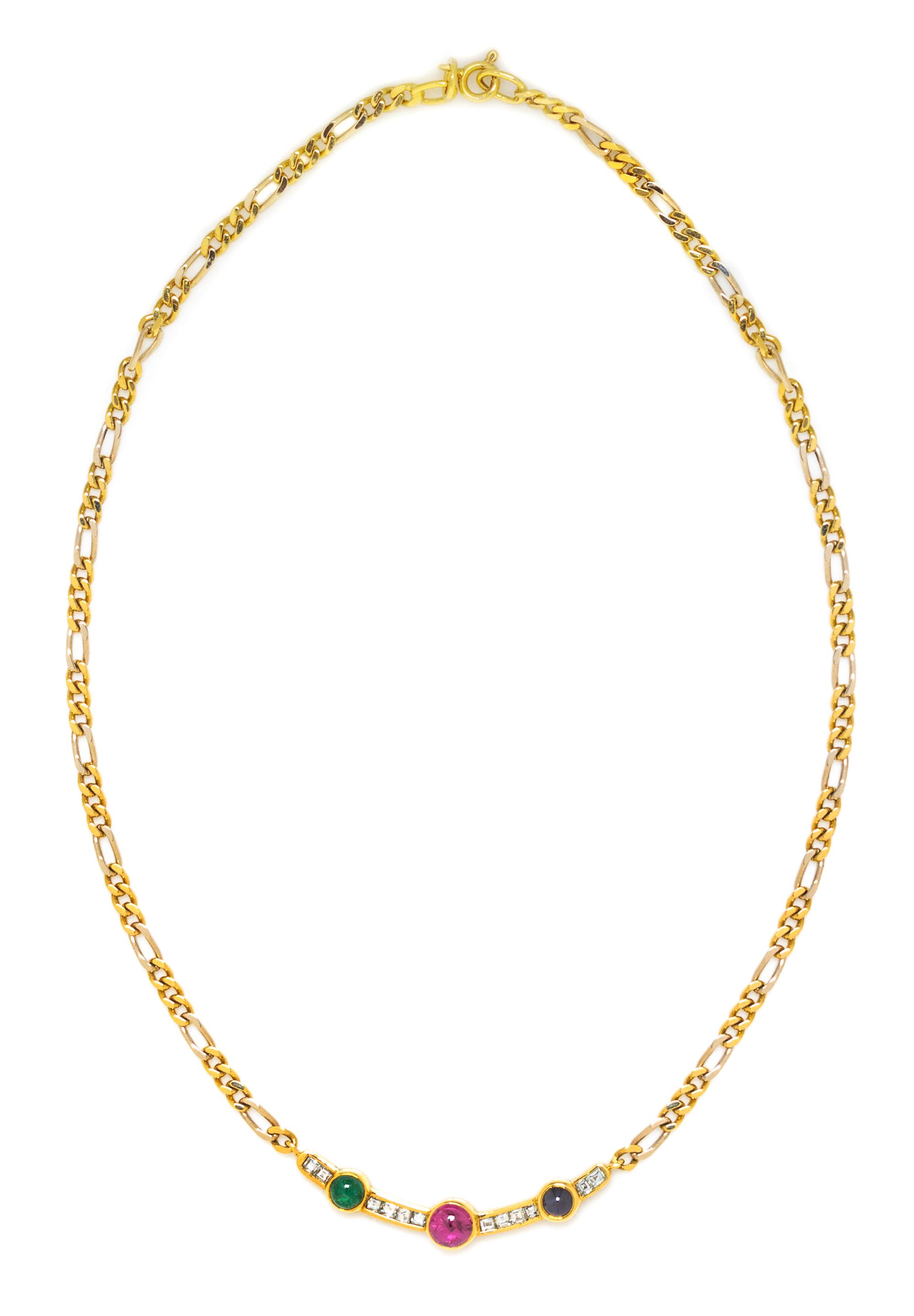 An 18 Karat Yellow Gold, Ruby, Emerald, Sapphire and Diamond Necklace, 10.80 dwts.