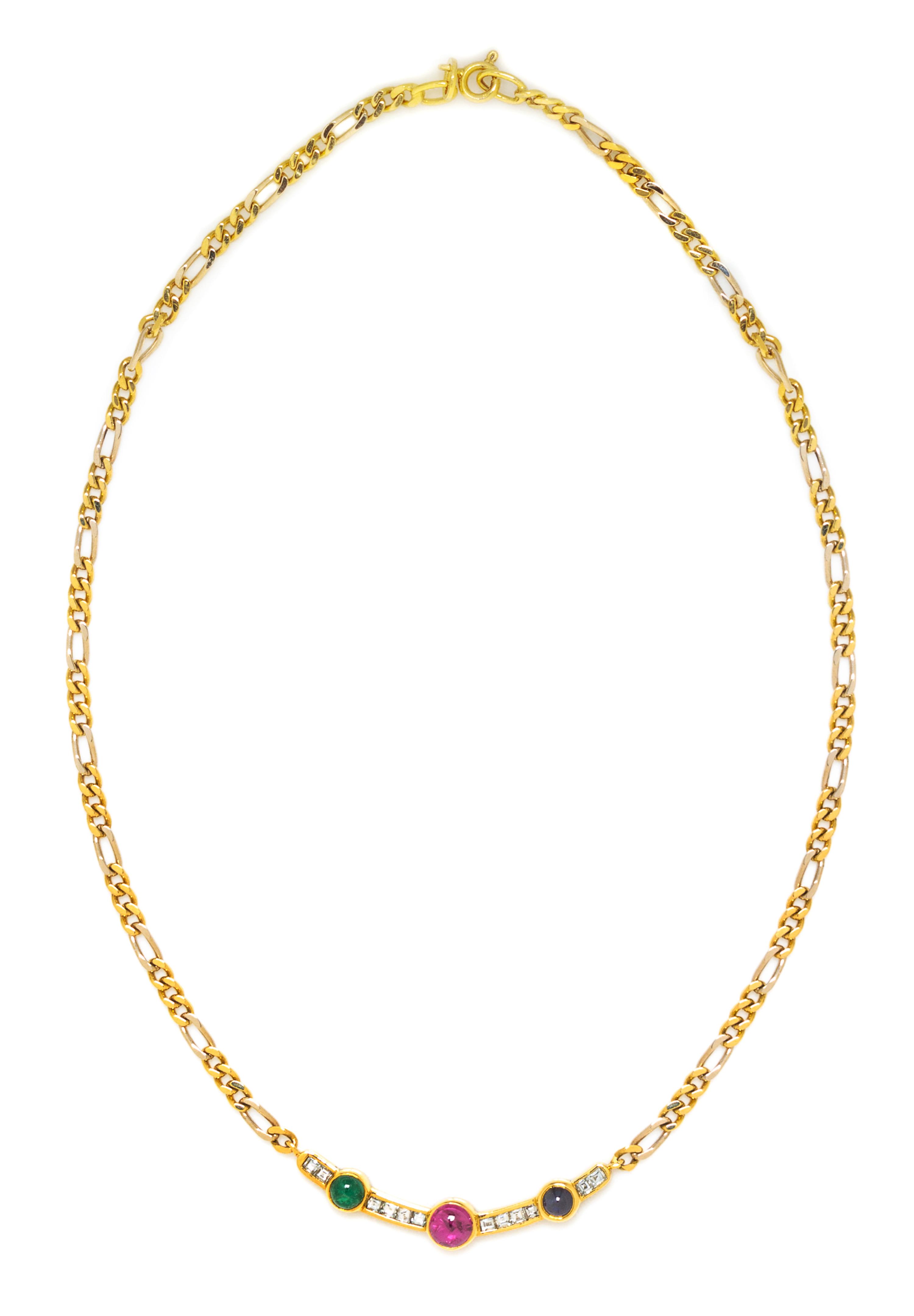 An 18 Karat Yellow Gold, Ruby, Emerald, Sapphire and Diamond Necklace, 10.80 dwts.