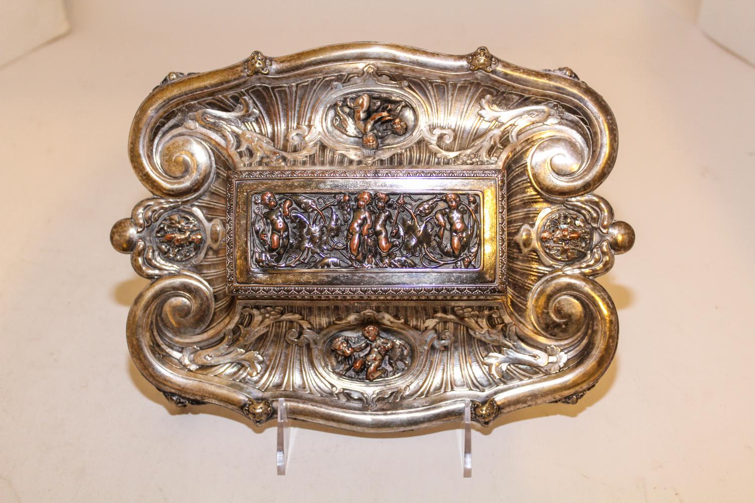 A Silver-Plate Encrier. Width 10 1/2 inches.