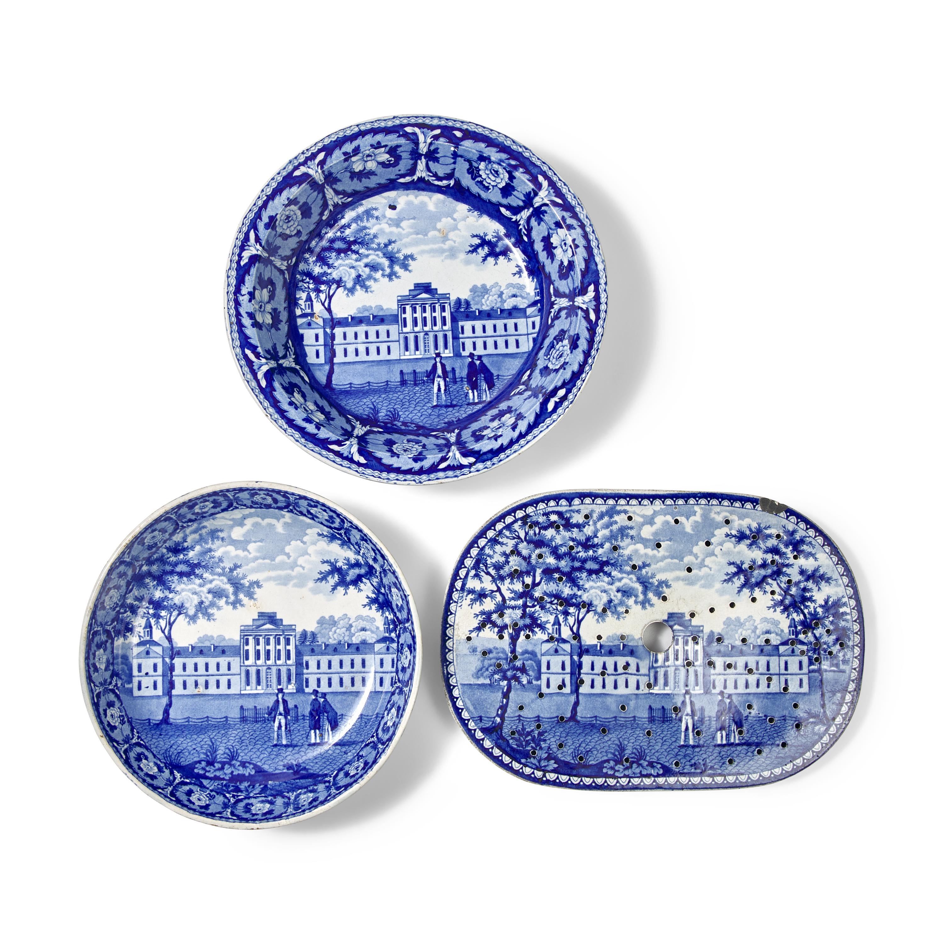 A Group of Staffordshire Historical Blue Pennsylvania Hospital. Philadelphia Transferware , J. & W. Ridgway, Hanley, 1814-1830