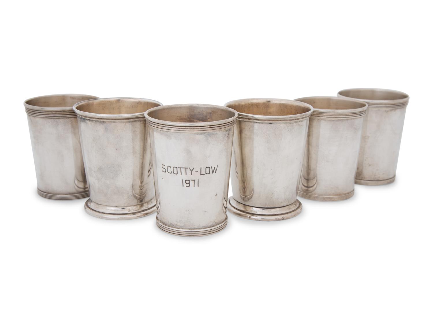 An American Silver Hand-Hammered Flask and Six Mint Julep Cups — 20TH CENTURY