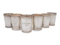 An American Silver Hand-Hammered Flask and Six Mint Julep Cups — 20TH CENTURY