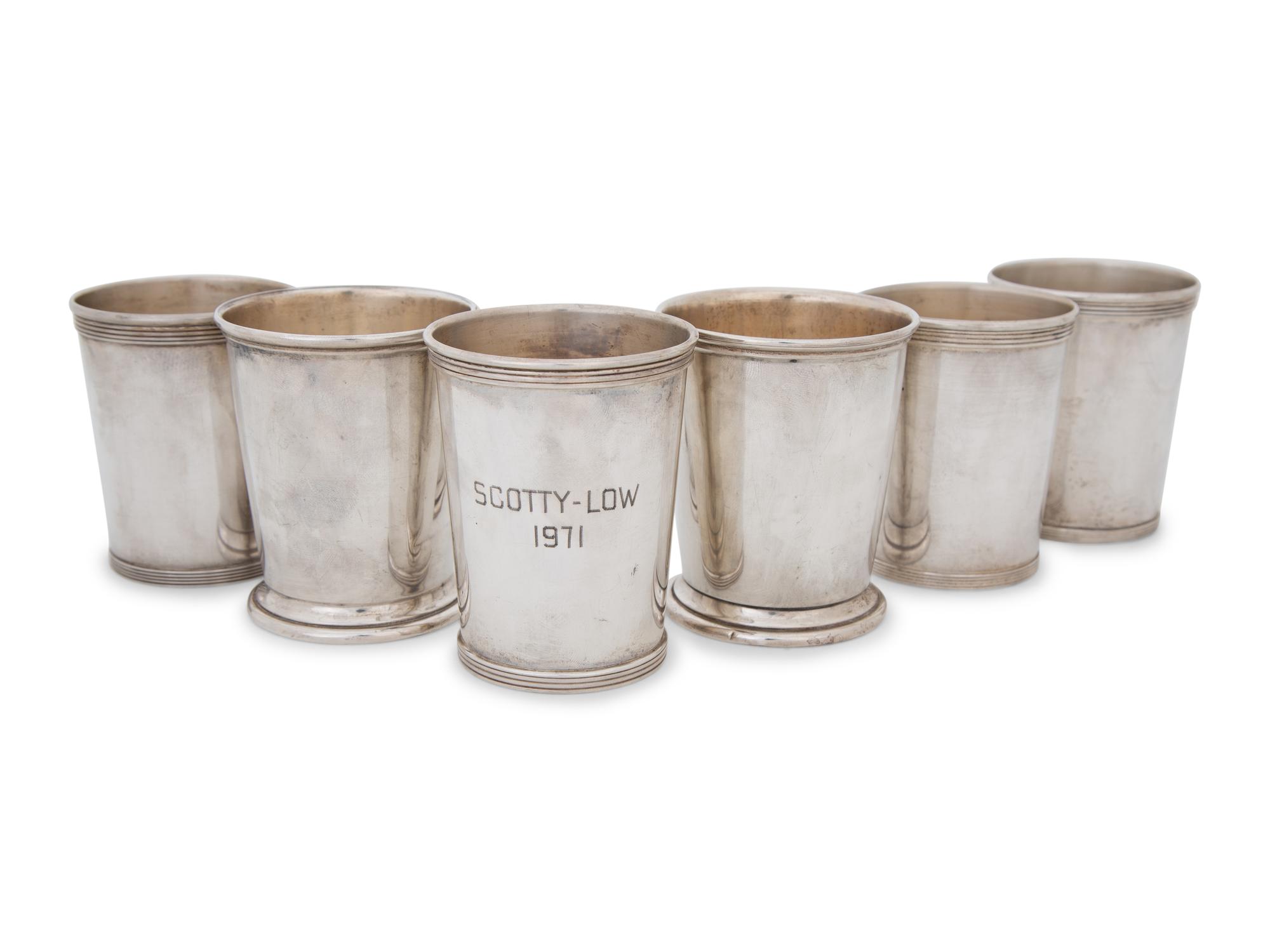 An American Silver Hand-Hammered Flask and Six Mint Julep Cups — 20TH CENTURY