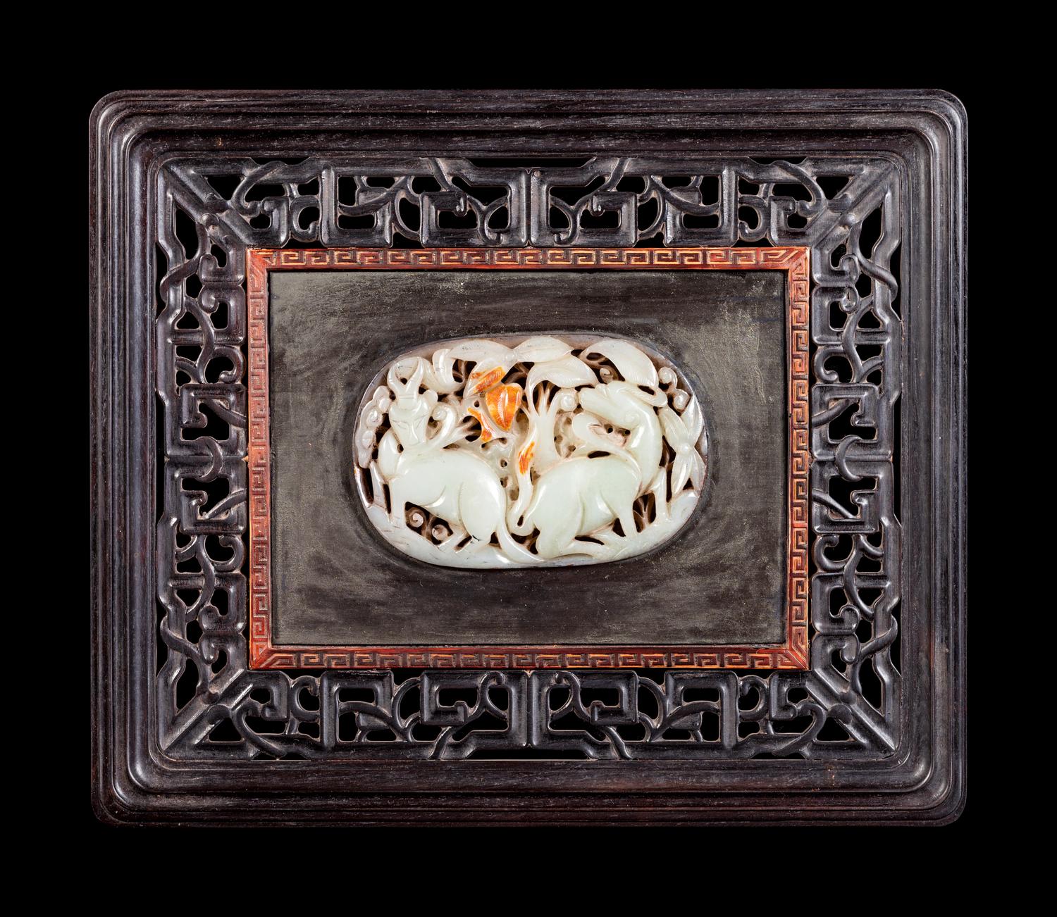 A Chinese Celadon Jade Inset Hardwood Panel
