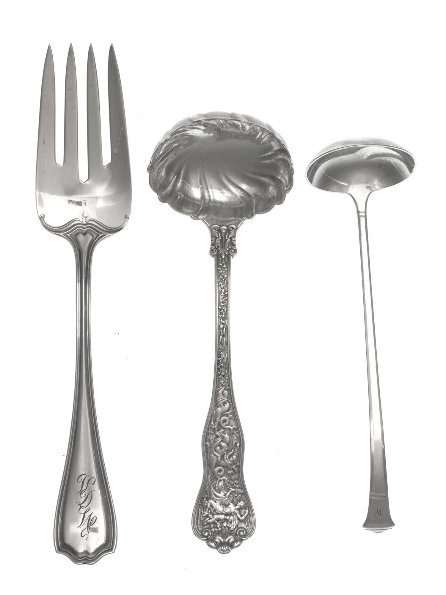 Two American Silver Serving Articles, Tiffany & Co., New York, NY, comprising a sauce ladle in the Olympian pattern monogrammed W and a