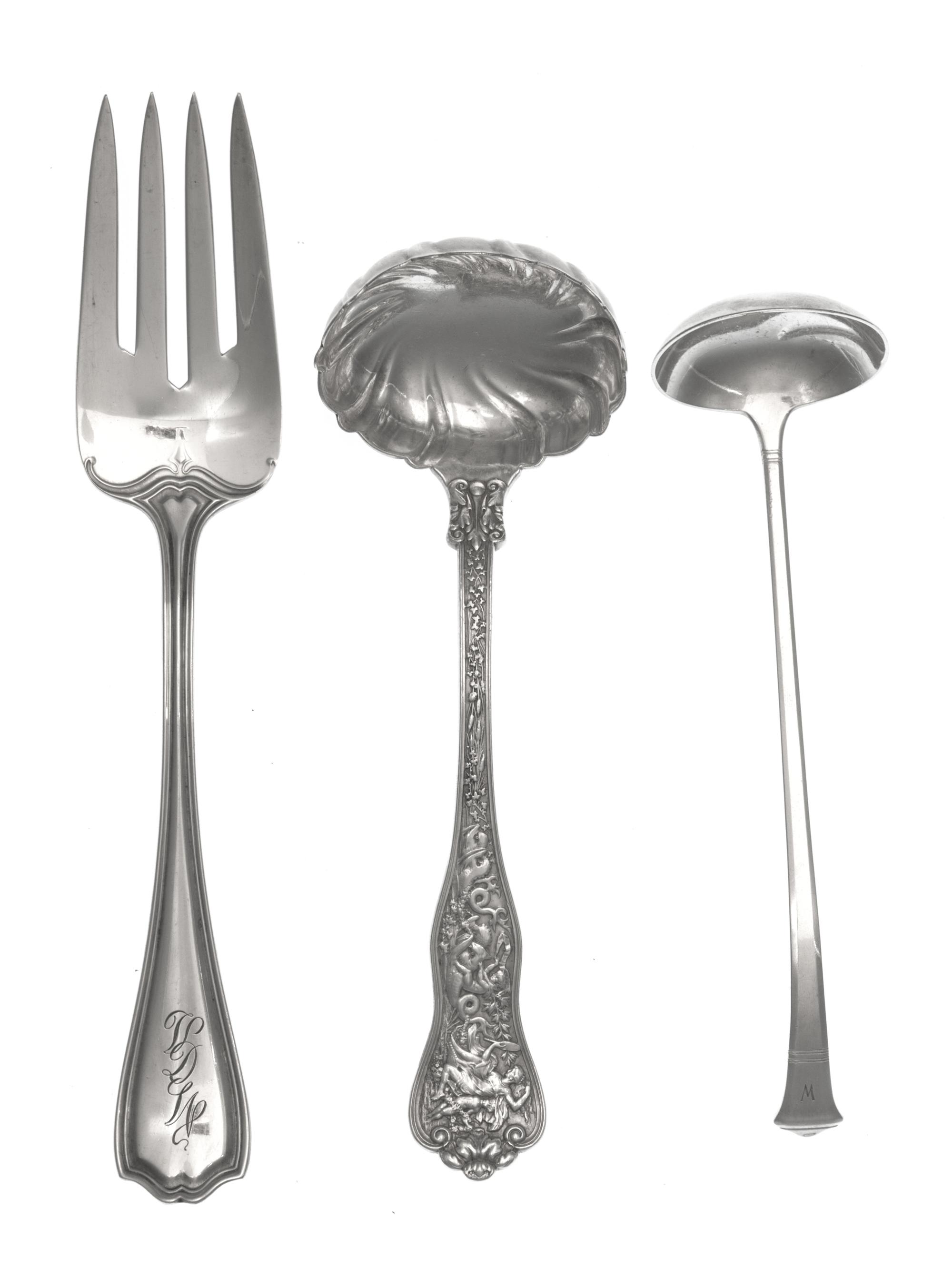 Two American Silver Serving Articles, Tiffany & Co., New York, NY, comprising a sauce ladle in the Olympian pattern monogrammed W and a