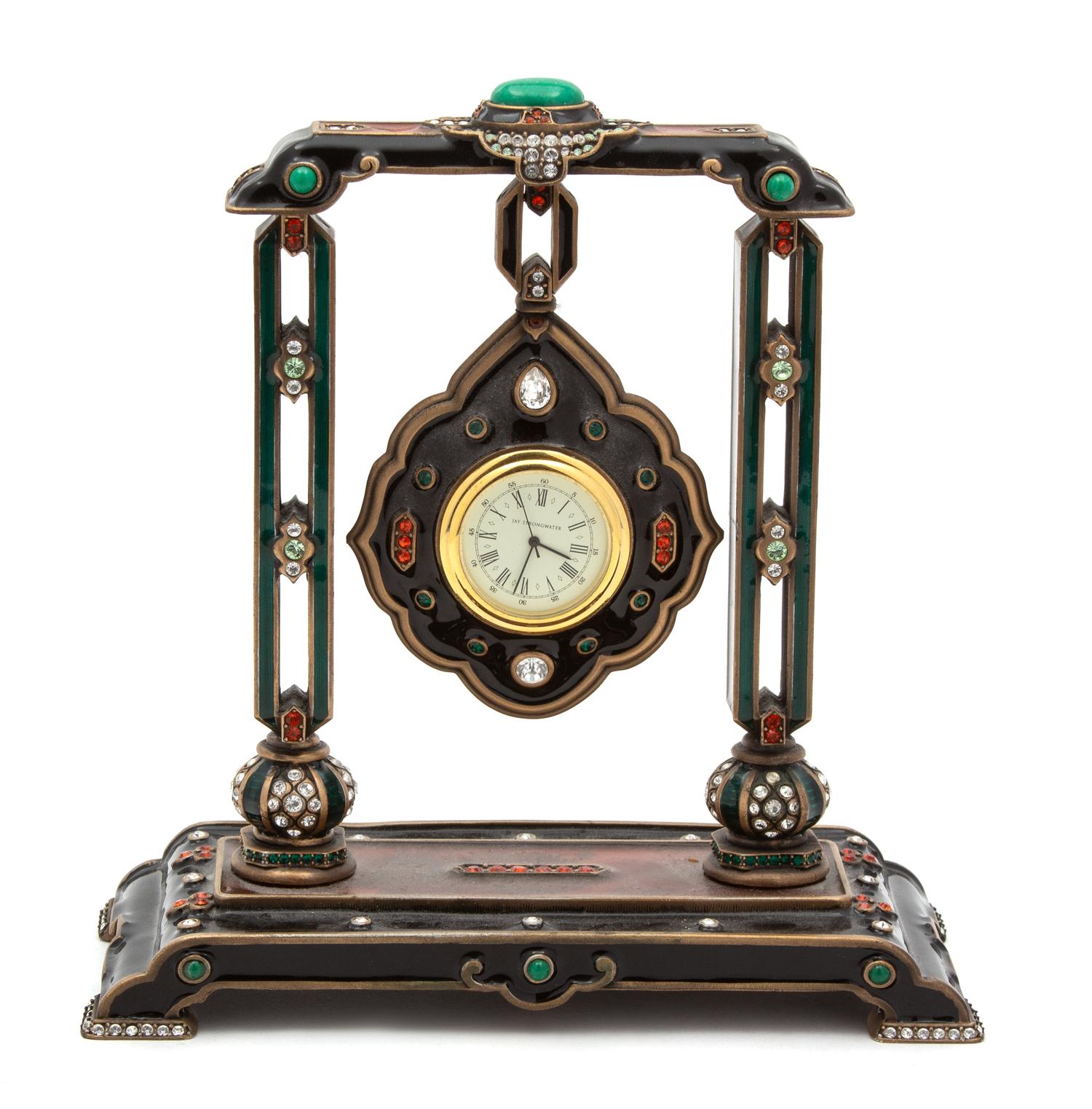 An American Enamel and Brass Desk Clock Height 7 x width 6 1/2 x depth 3 inches. — JAY STRONGWATER, 20TH CENTURY
