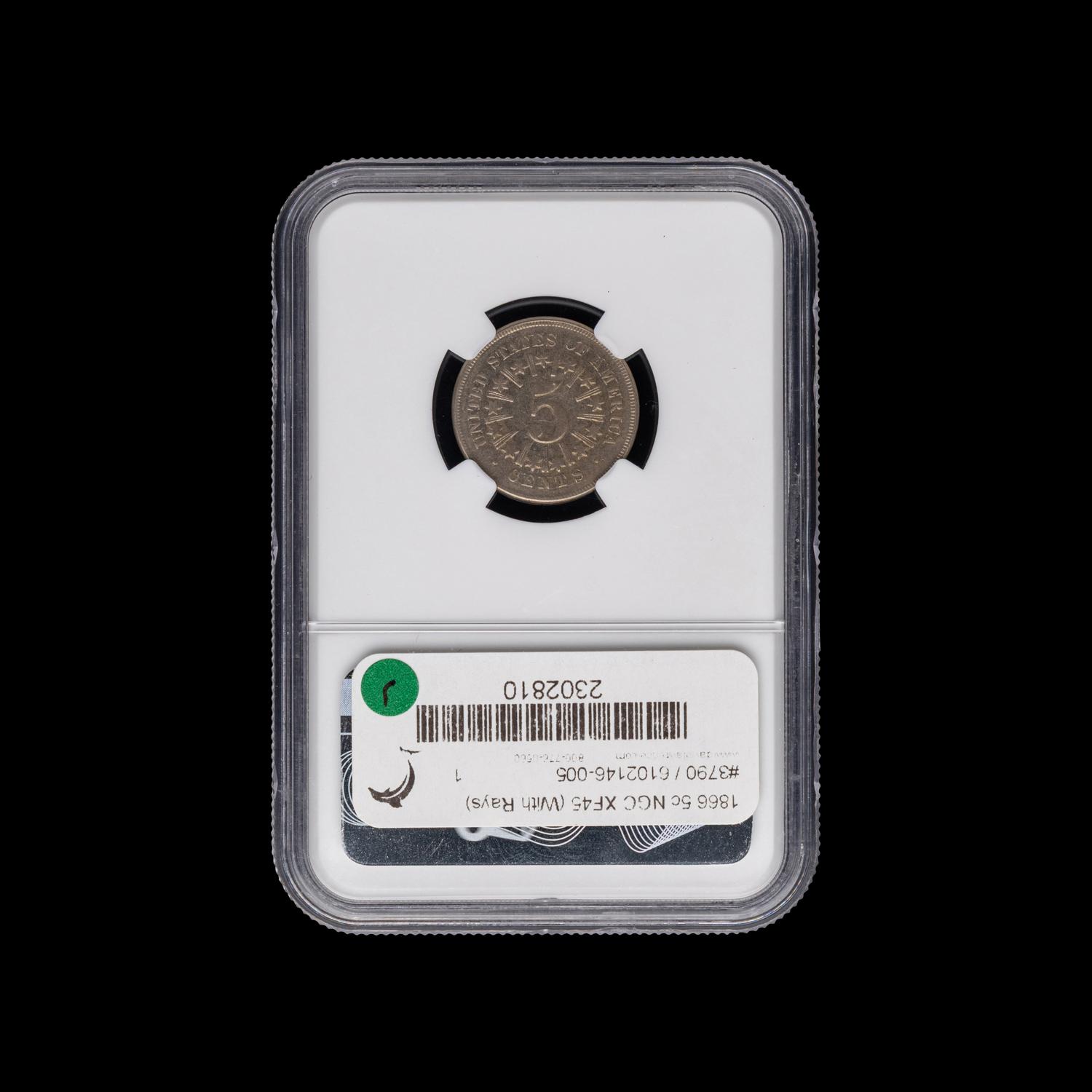 An 1866 Shield : Rays 5c Coin [NGC XF45]