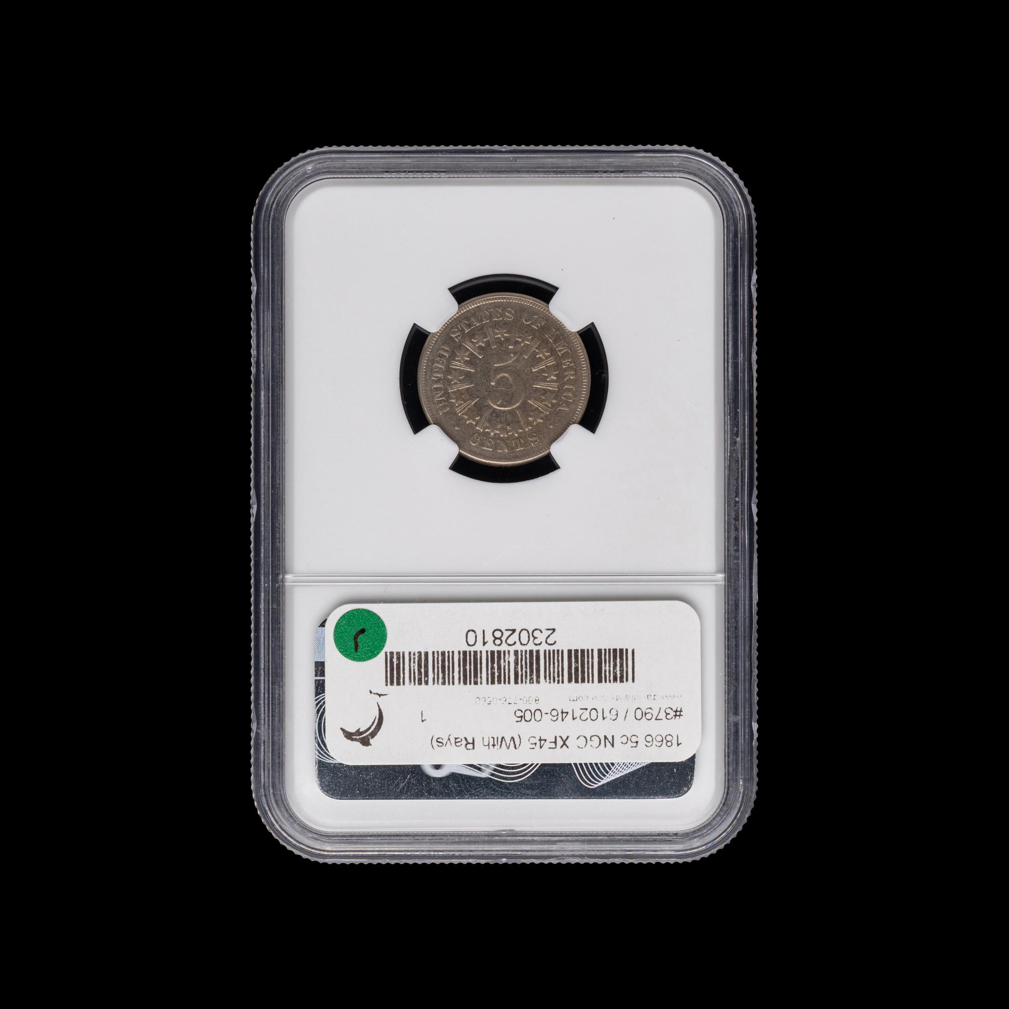 An 1866 Shield : Rays 5c Coin [NGC XF45]