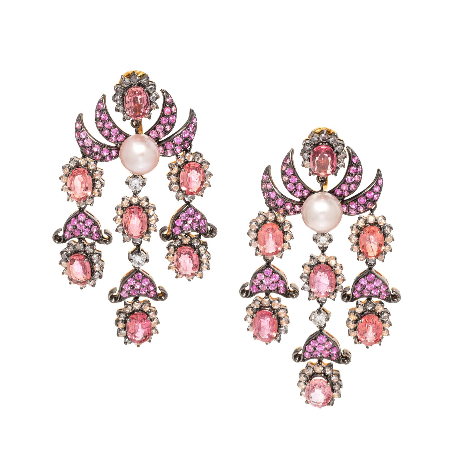 LAURA MUNDER, COLORED SAPPHIRE, DIAMOND AND CULTURED PEARL EARCLIPS