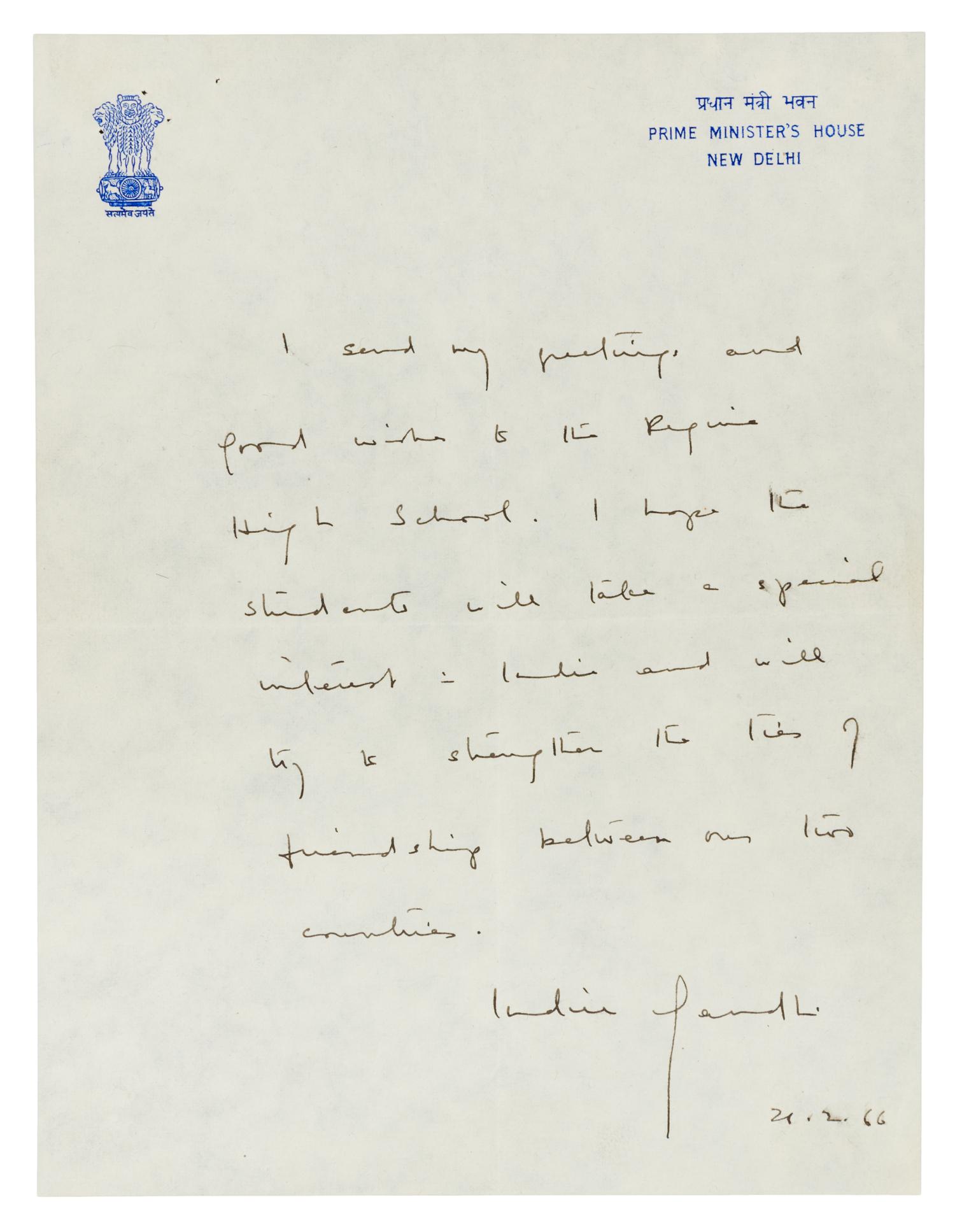 GANDHI, Indira. Autographed letter signed ("Indira Gandhi"), as Prime Minister of India, to an unnamed recipient, New Delhi, 1966.