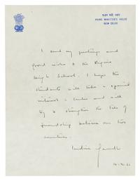 GANDHI, Indira. Autographed letter signed ("Indira Gandhi"), as Prime Minister of India, to an unnamed recipient, New Delhi, 1966.