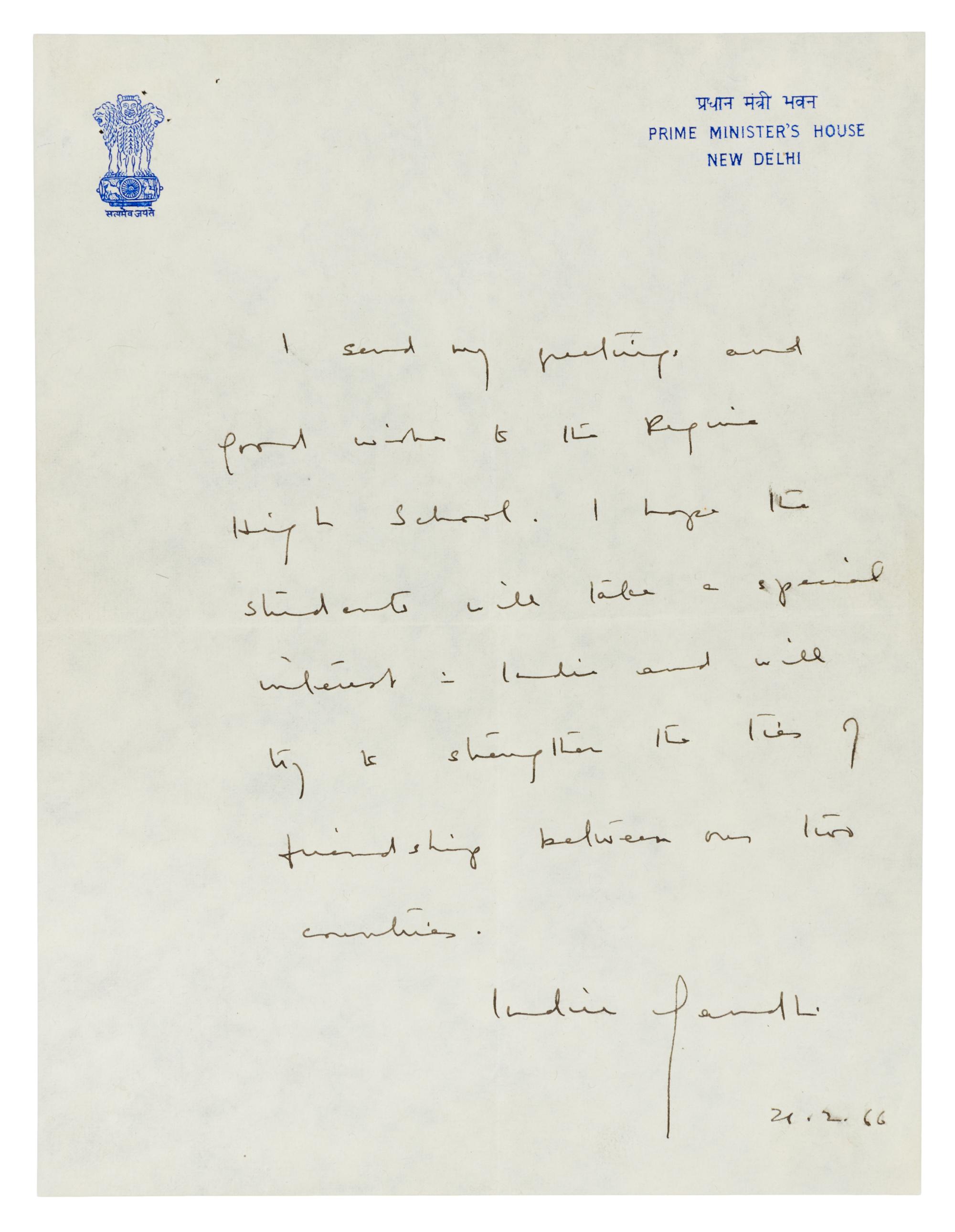 GANDHI, Indira. Autographed letter signed ("Indira Gandhi"), as Prime Minister of India, to an unnamed recipient, New Delhi, 1966.