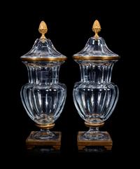 A Pair of Baccarat Gilt Metal Mounted Urns