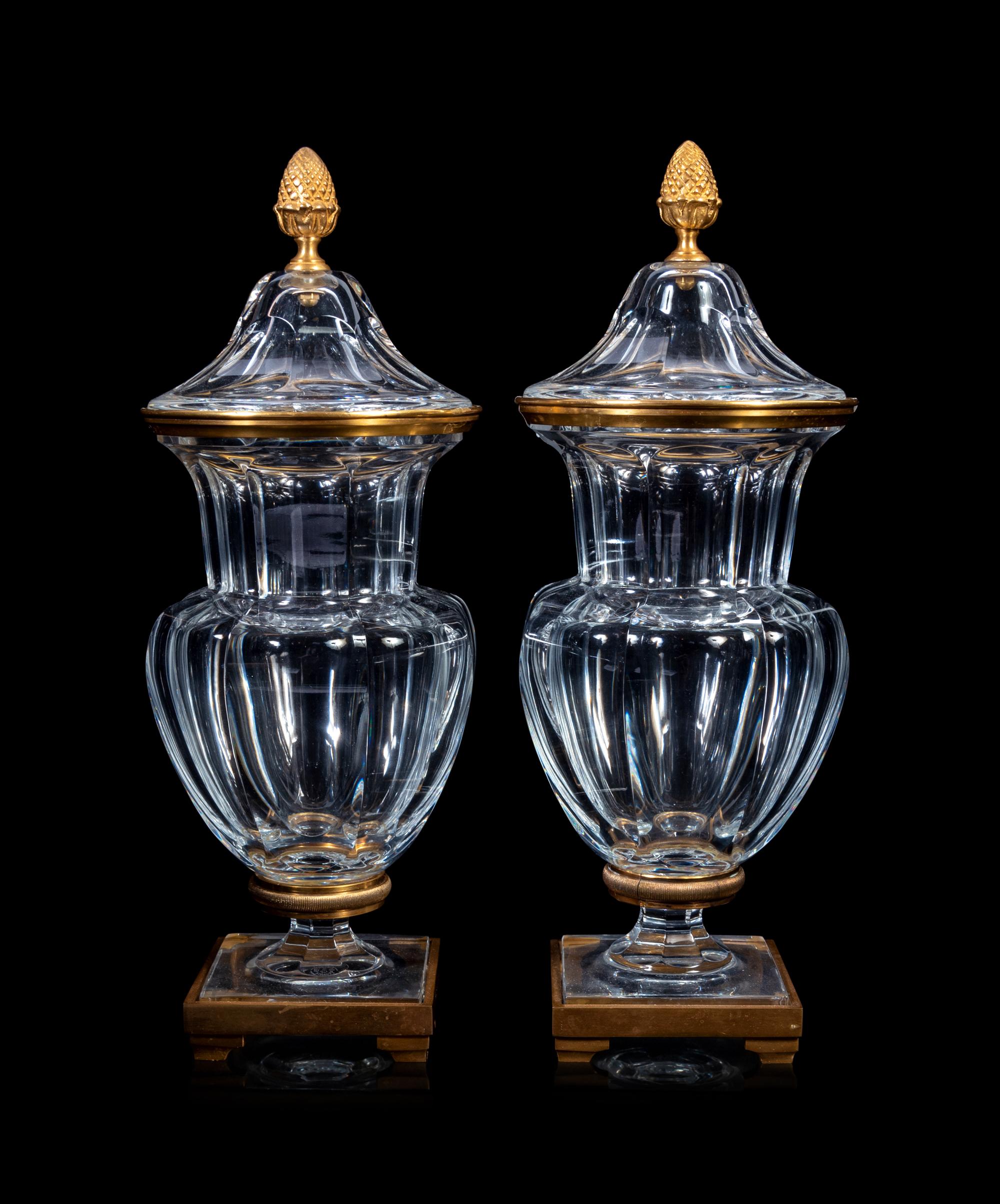 A Pair of Baccarat Gilt Metal Mounted Urns