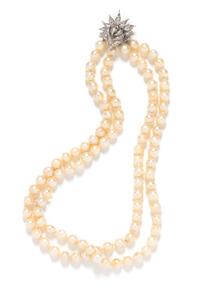 A Double Strand Cultured Baroque Pearl Necklace with White Gold and Diamond Clasp, 88.40 dwts.
