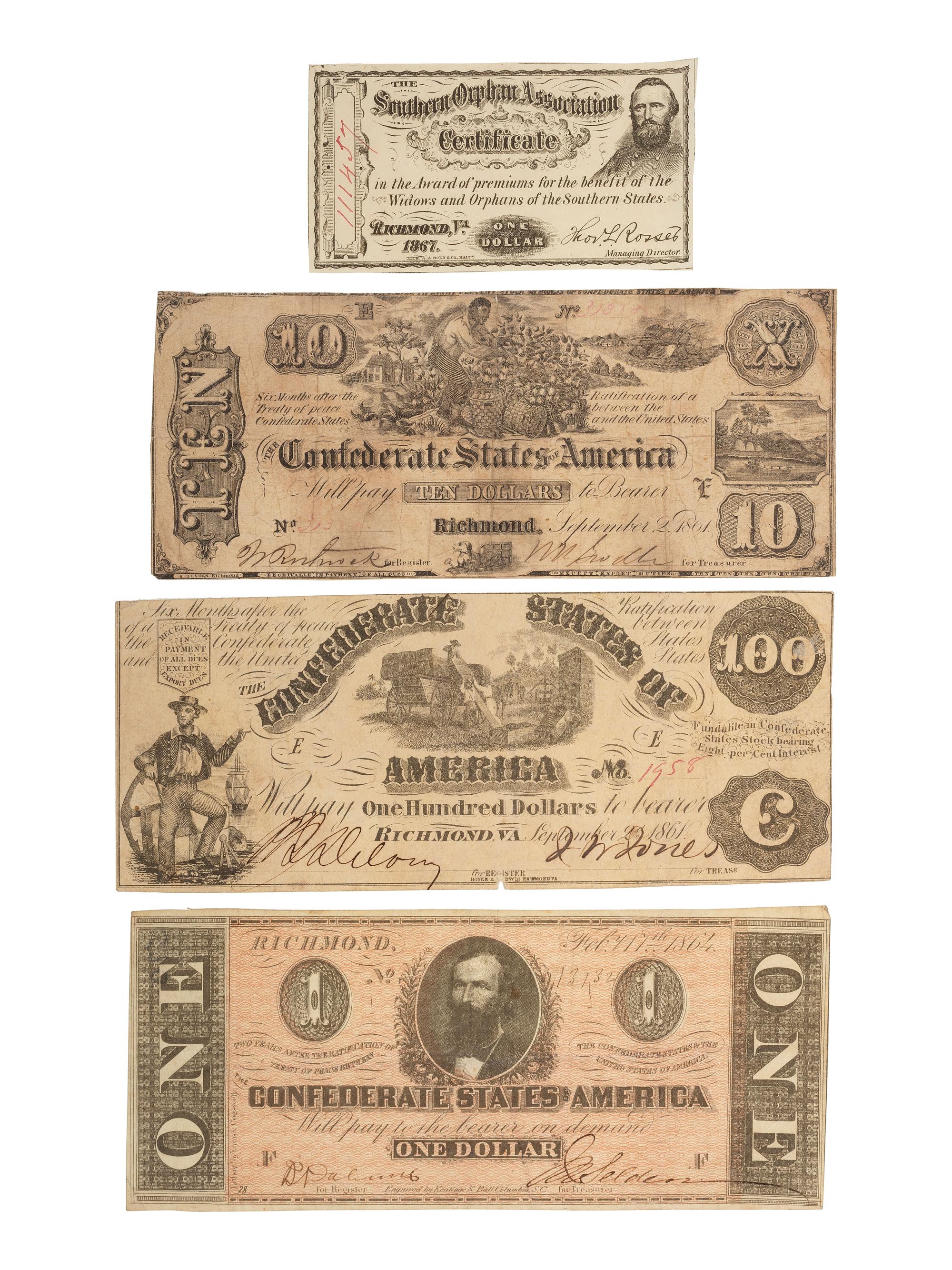 [CIVIL WAR]. A group of 5 items, incl. Confederate States of America $1000 bond sheet.