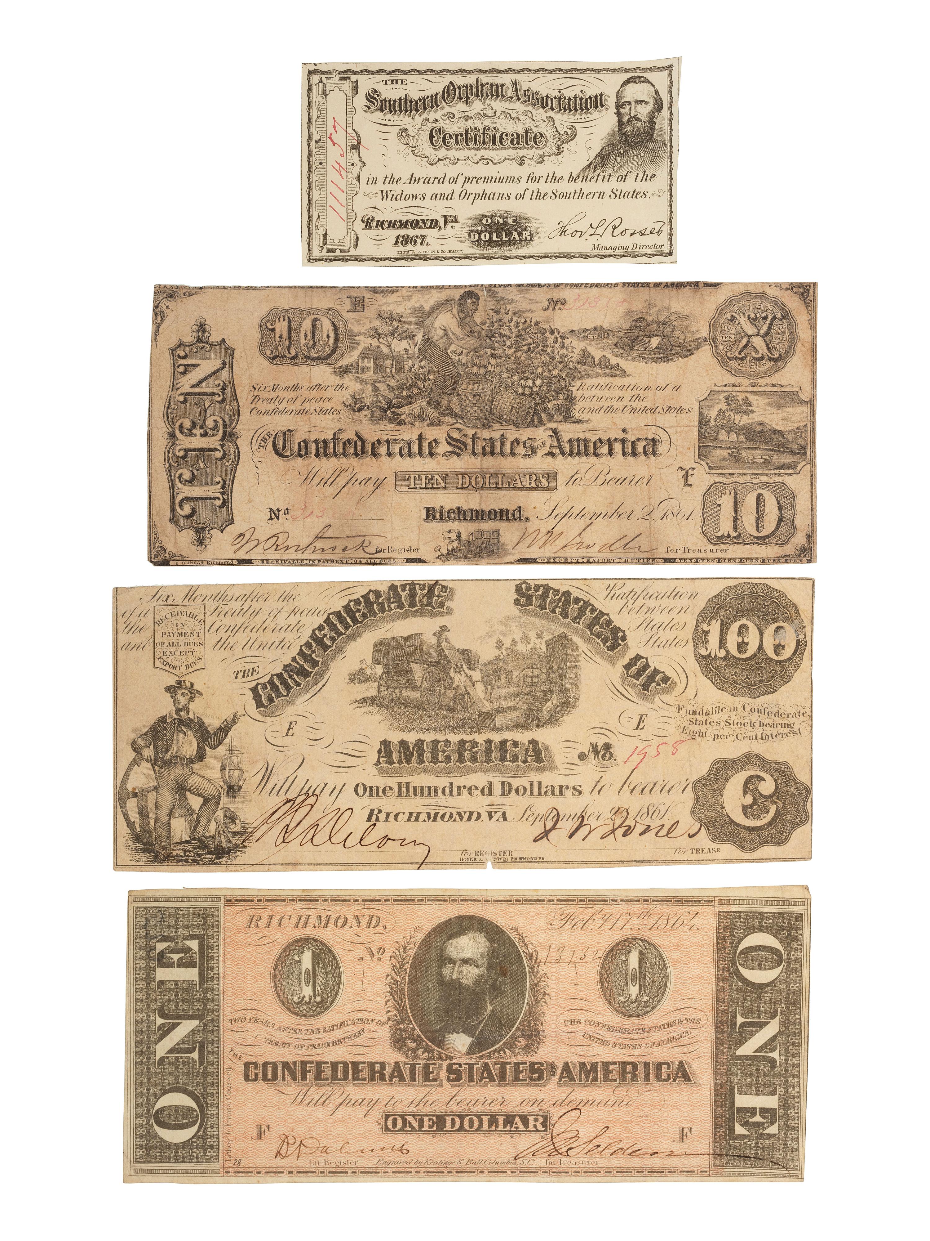 [CIVIL WAR]. A group of 5 items, incl. Confederate States of America $1000 bond sheet.