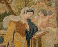 An English Needlework, Silk and Paper Collage Depicting a Woman At Prayer