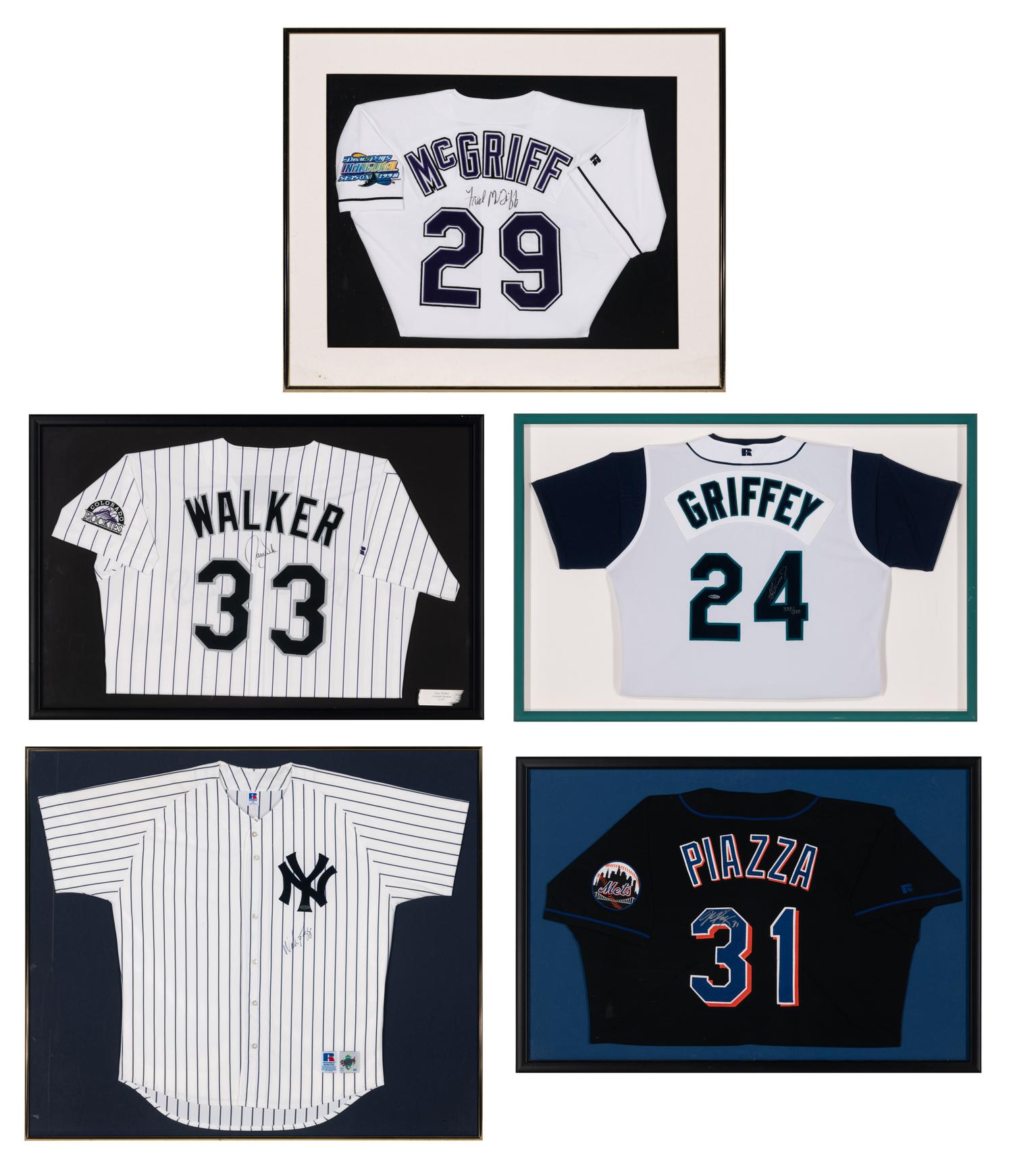A Group of Signed Autograph Baseball Jersey Displays Featuring Hall of Famers and Notables Including Ken Griffey Jr.
