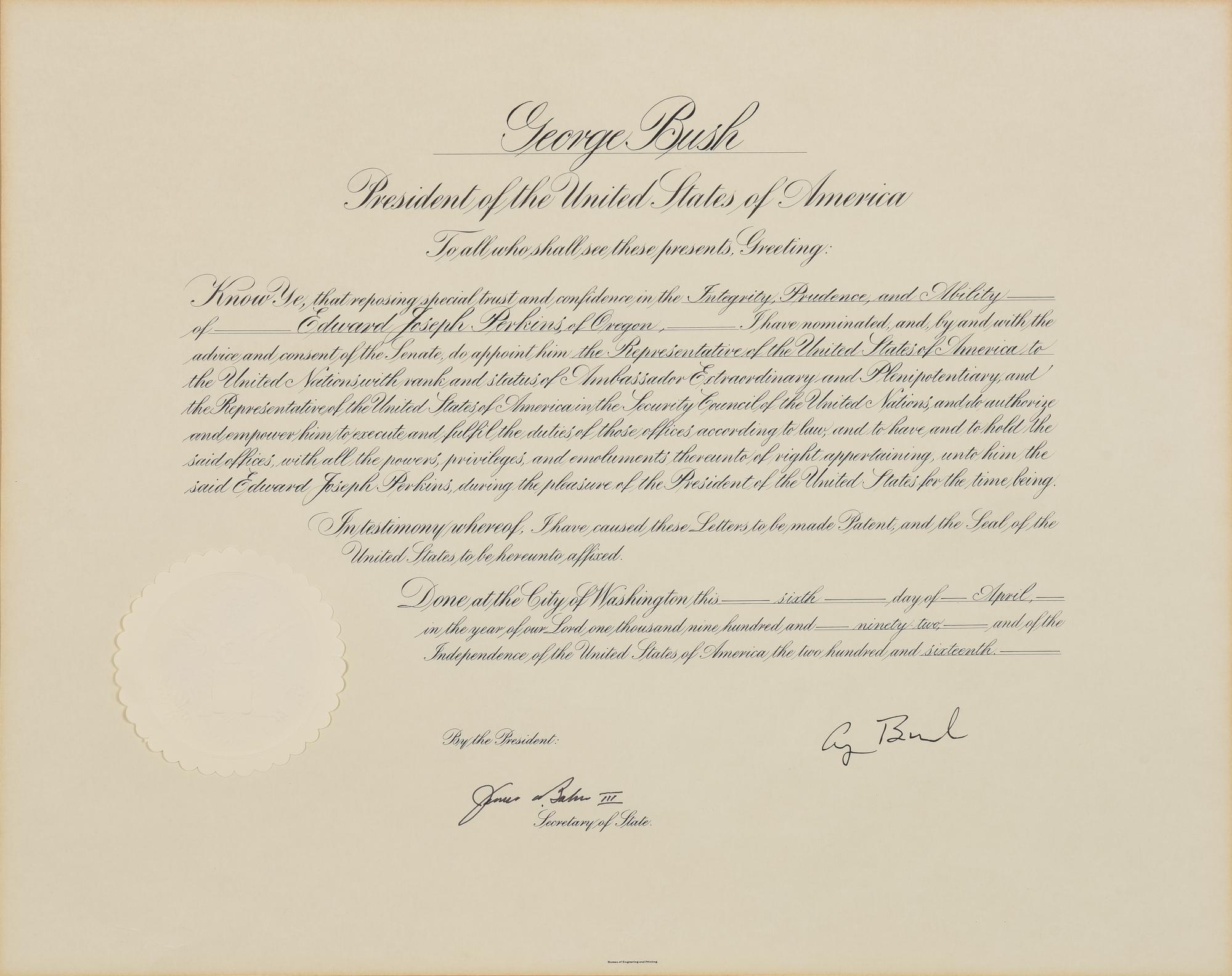 [POLITICS]. [PERKINS, Edward Joseph (1928-2020)]. A group of 9 appointments by Presidents Reagan, Bush, Clinton, and Bush to Perkins, presumably with secretarial or facsimile signatures, including: