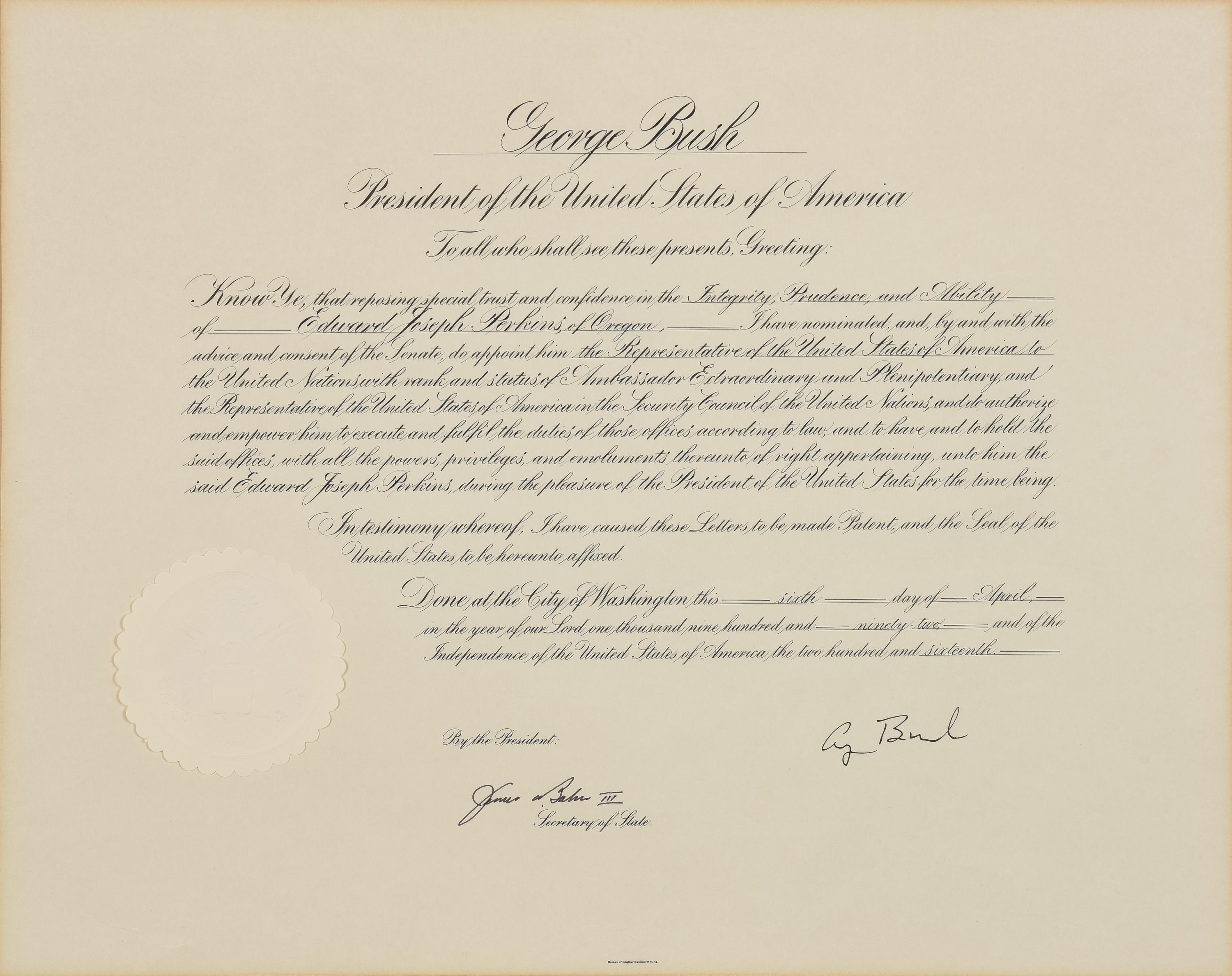 [POLITICS]. [PERKINS, Edward Joseph (1928-2020)]. A group of 9 appointments by Presidents Reagan, Bush, Clinton, and Bush to Perkins, presumably with secretarial or facsimile signatures, including: