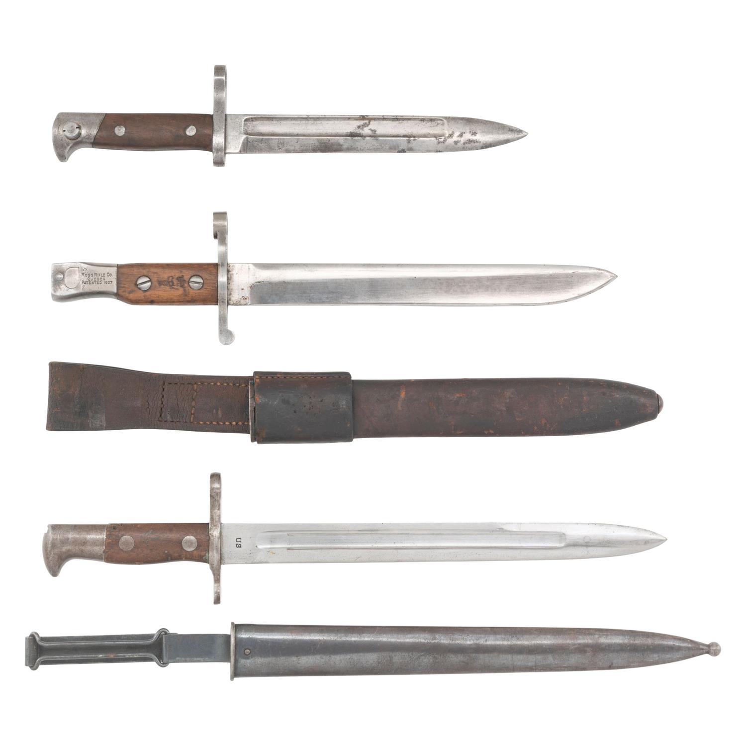 3 US Knife Bayonets: US Surcharged Canadian Ross, M1895 Lee Navy and M1892 Krag