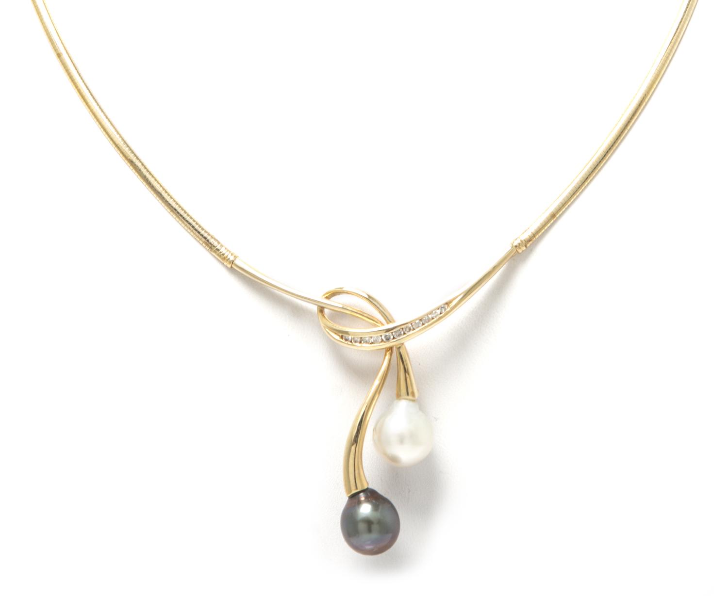 A 14 Karat Yellow Gold, Diamond and Cultured Pearl Necklace, 12.90 dwts.