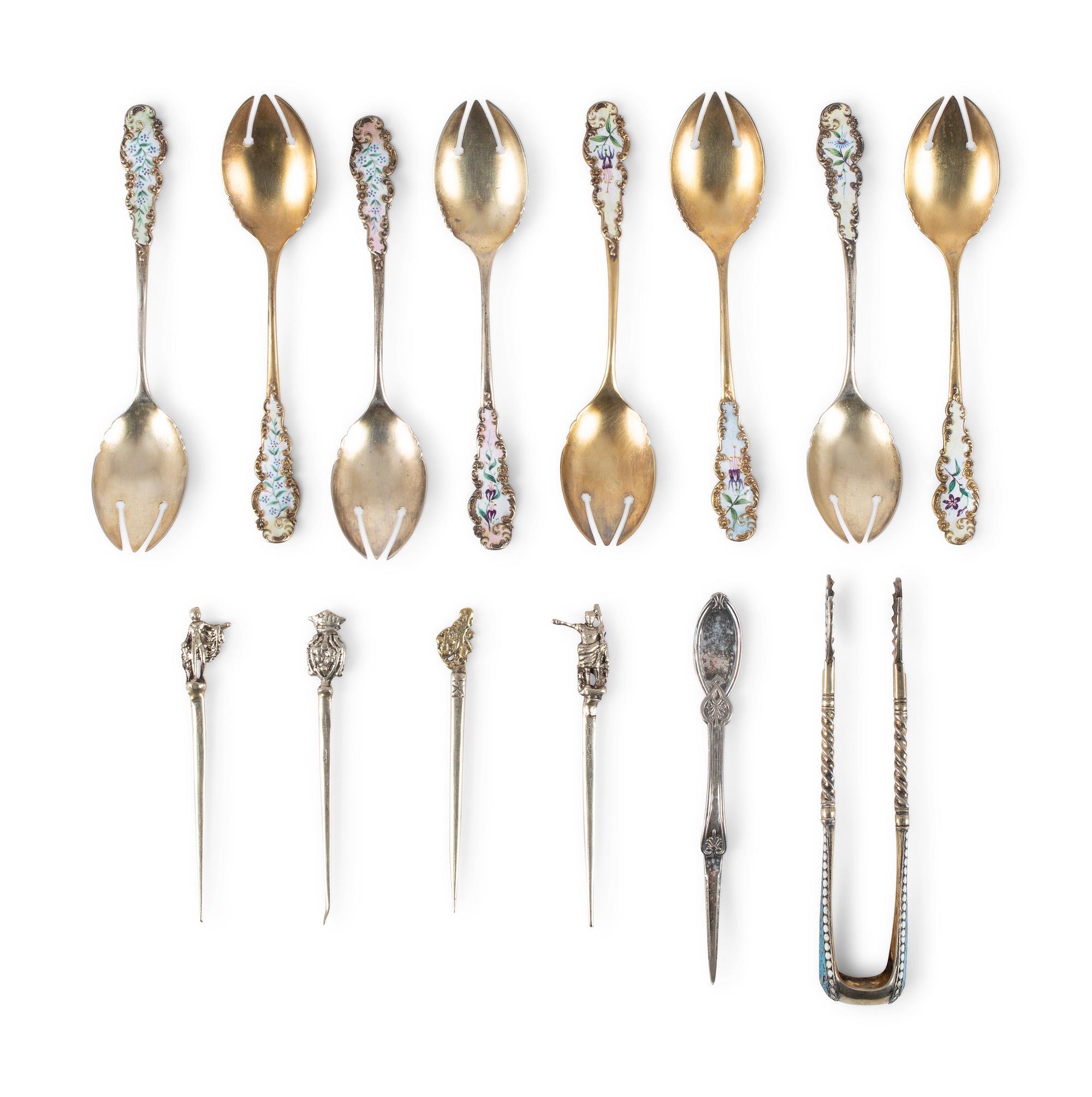 A Group of Coin Silver and Enameled Flatware