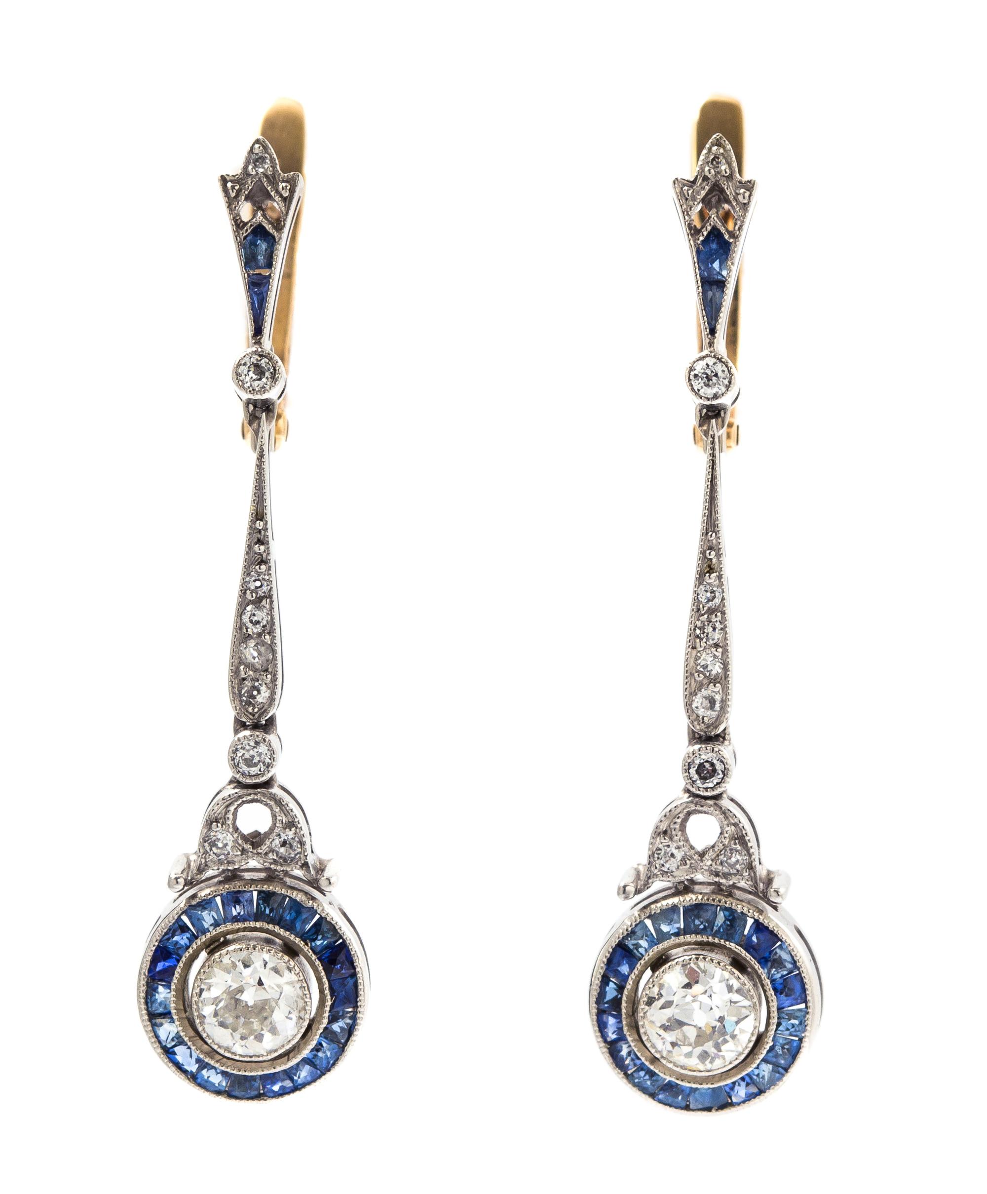 A Pair of Art Deco Platinum, Gold, Sapphire, and Diamond Earrings, 3.70 dwts.