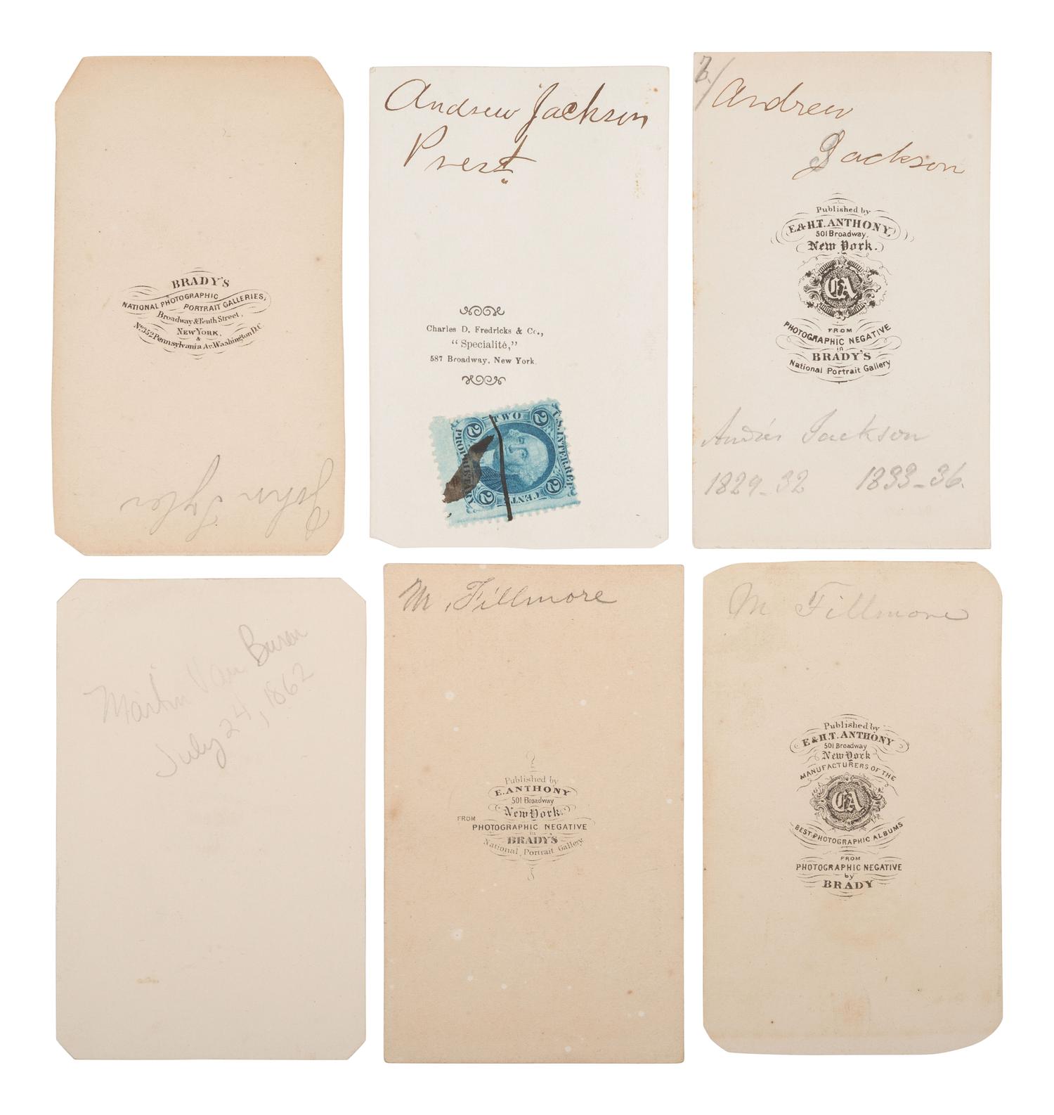 [US PRESIDENTS]. 10 CDVS featuring US Presidents JACKSON, VAN BUREN, TYLER, FILLMORE, PIERCE, BUCHANAN, and JOHNSON.