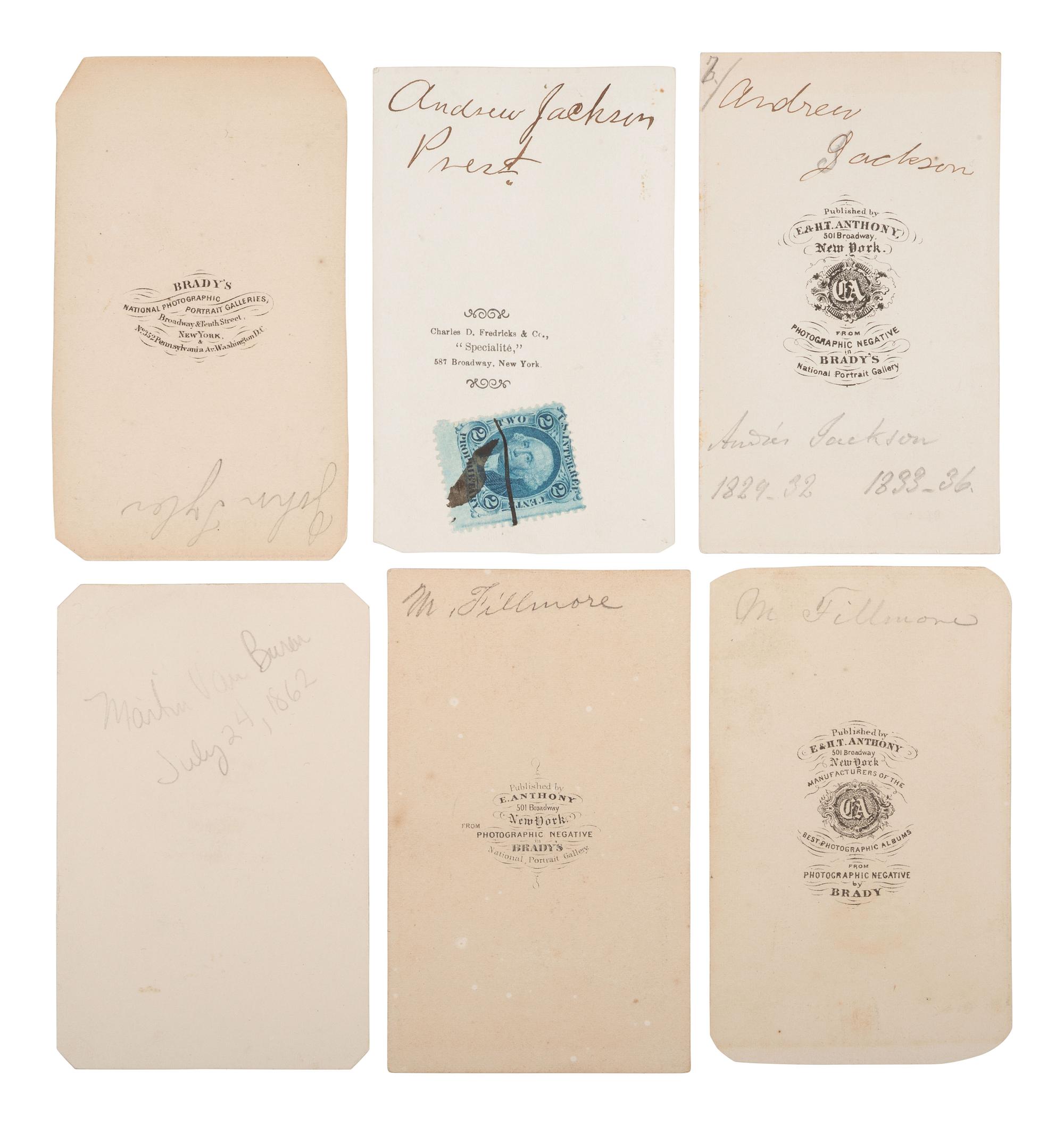[US PRESIDENTS]. 10 CDVS featuring US Presidents JACKSON, VAN BUREN, TYLER, FILLMORE, PIERCE, BUCHANAN, and JOHNSON.