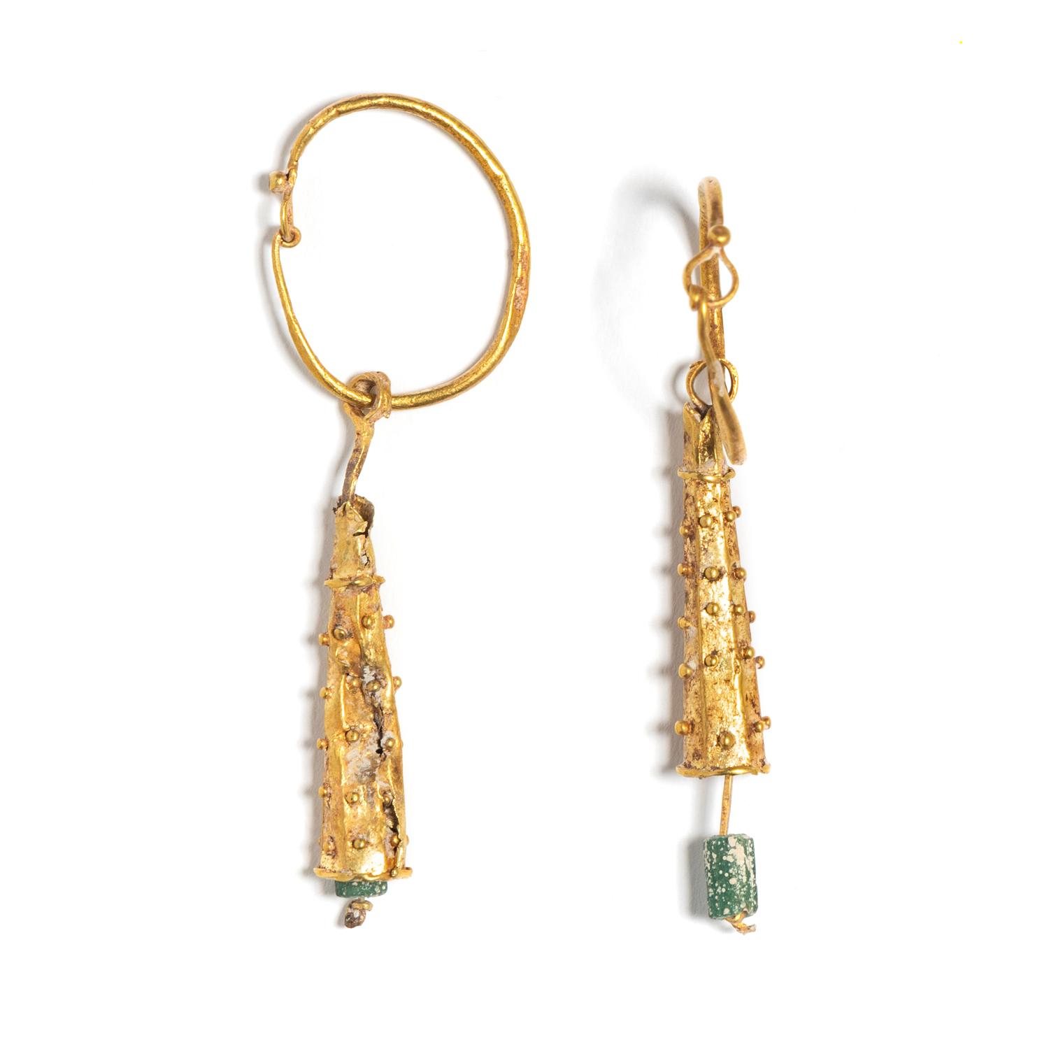 A Pair of Roman Gold and Green Glass Hoop Earrings with the 'Club of Hercules' Pedants