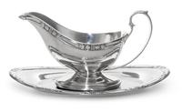 An American Silver Sauce Boat and Underplate, Manchester Silver Co., Providence, RI, 20th Century, of oval form with a banded edge.