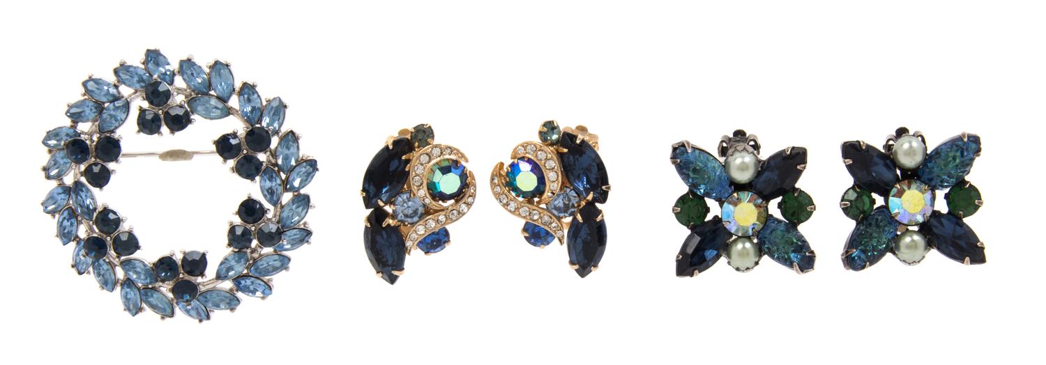 A Group of Blue Rhinestone Jewelry, Brooch 2" x 2".