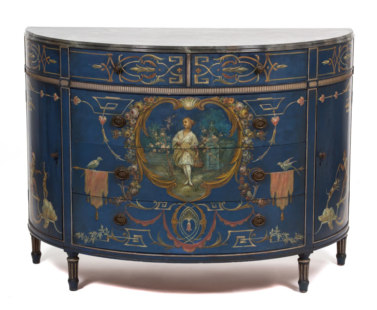 A Neoclassical Style Demilune Commode Height 36 1/2 x width 48 x depth 21 inches. — 20TH CENTURY