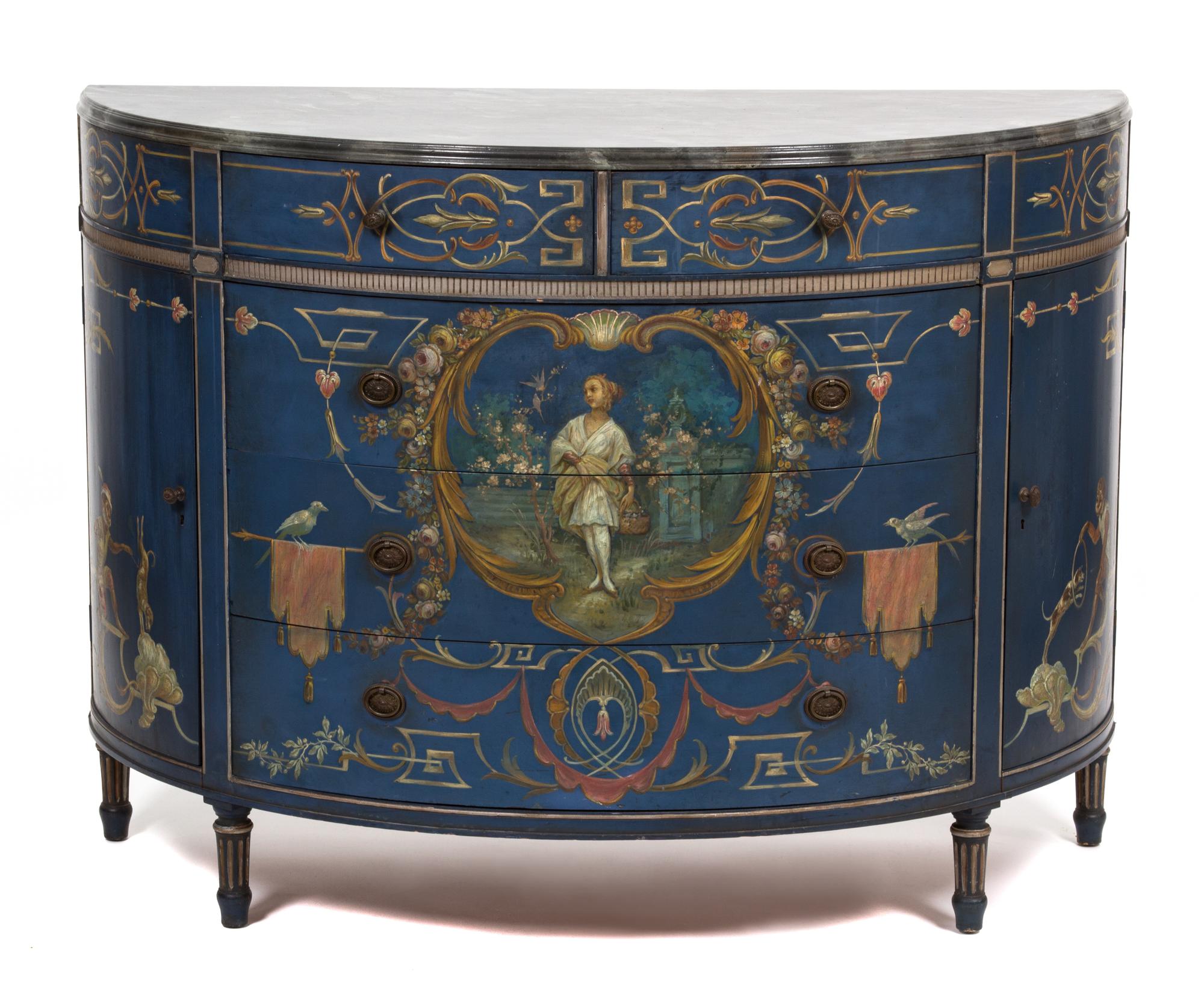 A Neoclassical Style Demilune Commode Height 36 1/2 x width 48 x depth 21 inches. — 20TH CENTURY