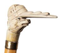 Three Carved Horn or Bone and Brass-Mounted Figural Canes