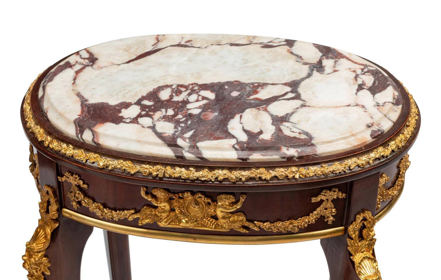 A Pair of Louis XV Style Gilt Bronze Mounted Marble-Top Side Tables