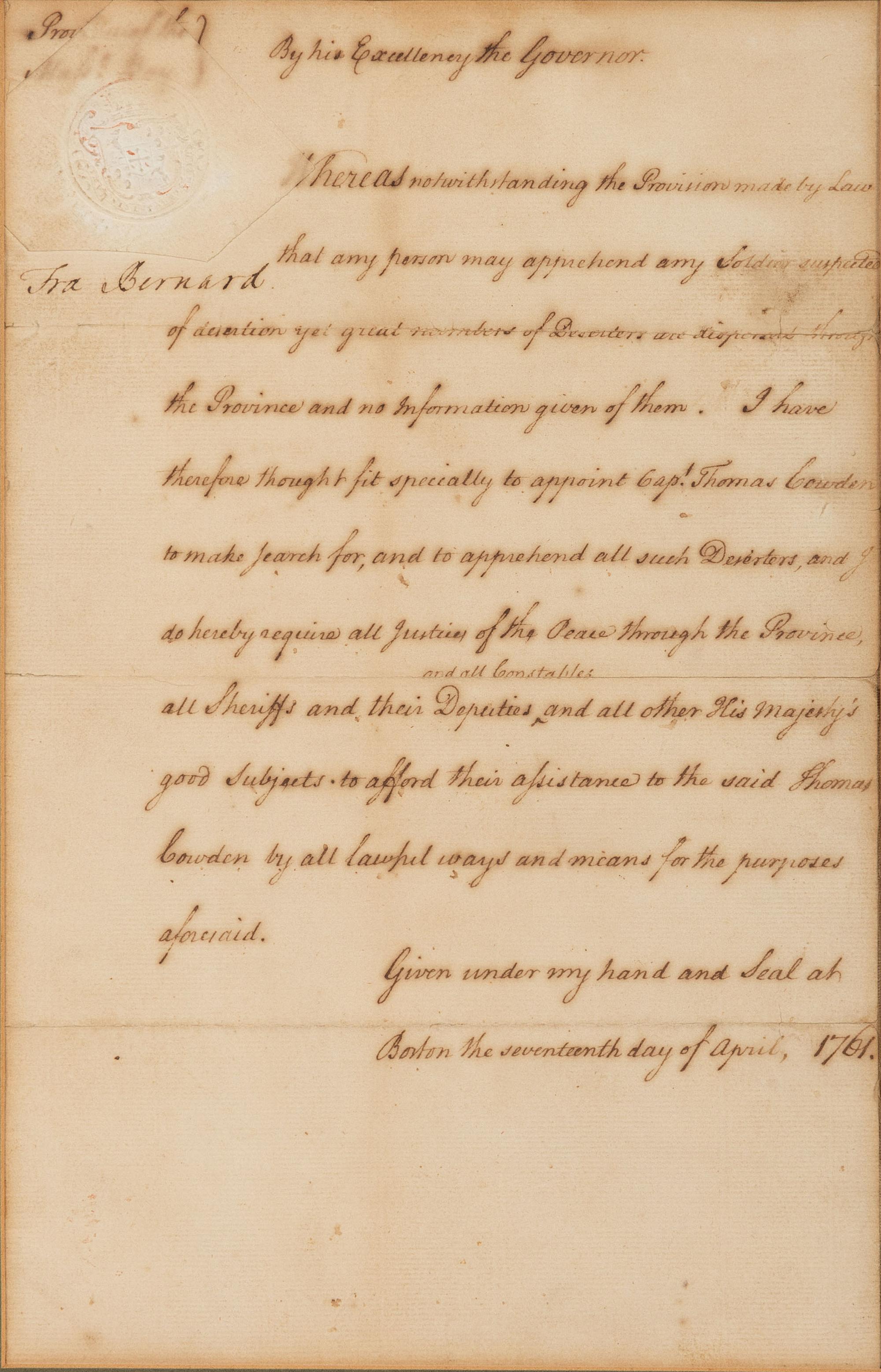 [FRENCH AND INDIAN WAR]. BERNARD, Francis (1712-1779). Document signed ("Fra. Bernard"), as Colonial Governor of Province of Massachusetts Bay, 17 April 1761.