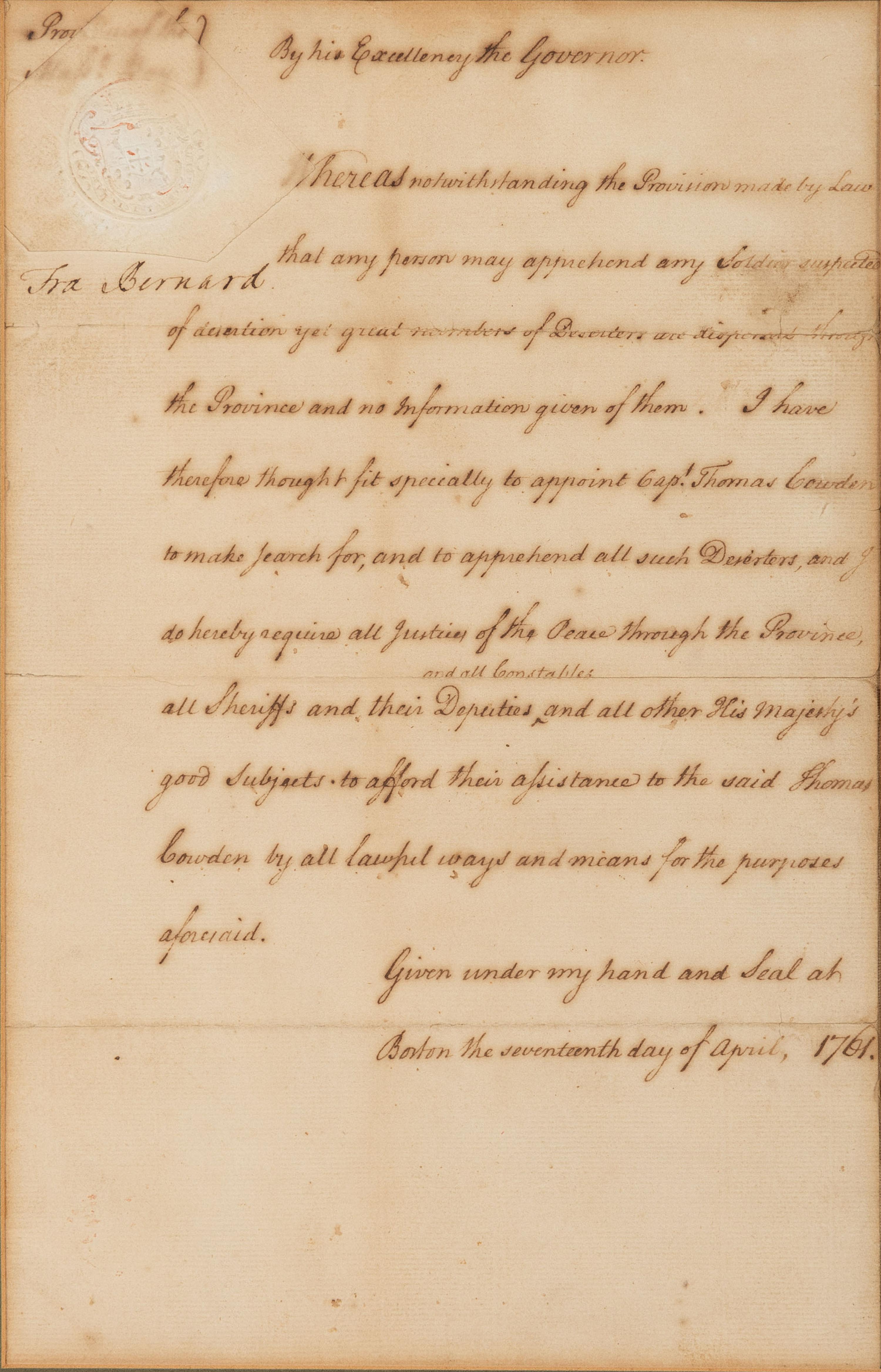 [FRENCH AND INDIAN WAR]. BERNARD, Francis (1712-1779). Document signed ("Fra. Bernard"), as Colonial Governor of Province of Massachusetts Bay, 17 April 1761.