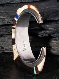 Abstract Silver Cuff Bracelet, set with Ironwood, Lapis, Coral, Turquoise, and 14K Gold Spacers