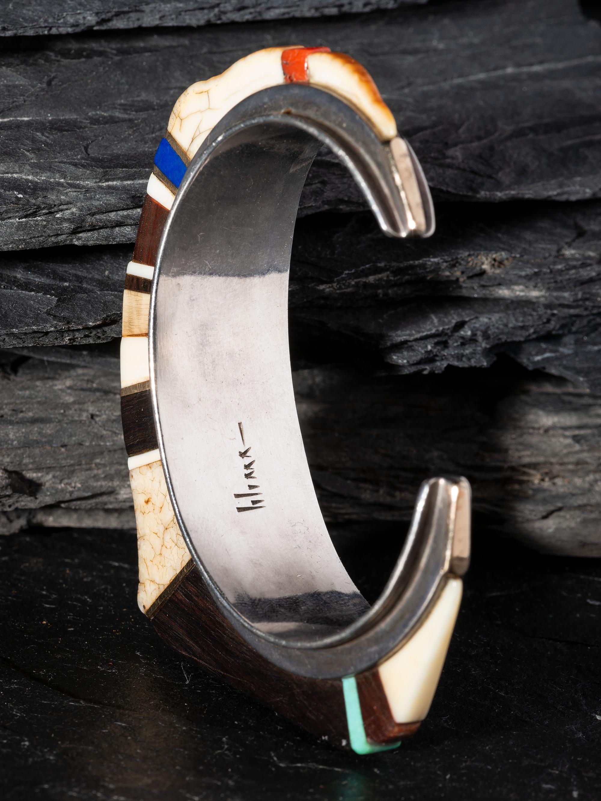 Abstract Silver Cuff Bracelet, set with Ironwood, Lapis, Coral, Turquoise, and 14K Gold Spacers