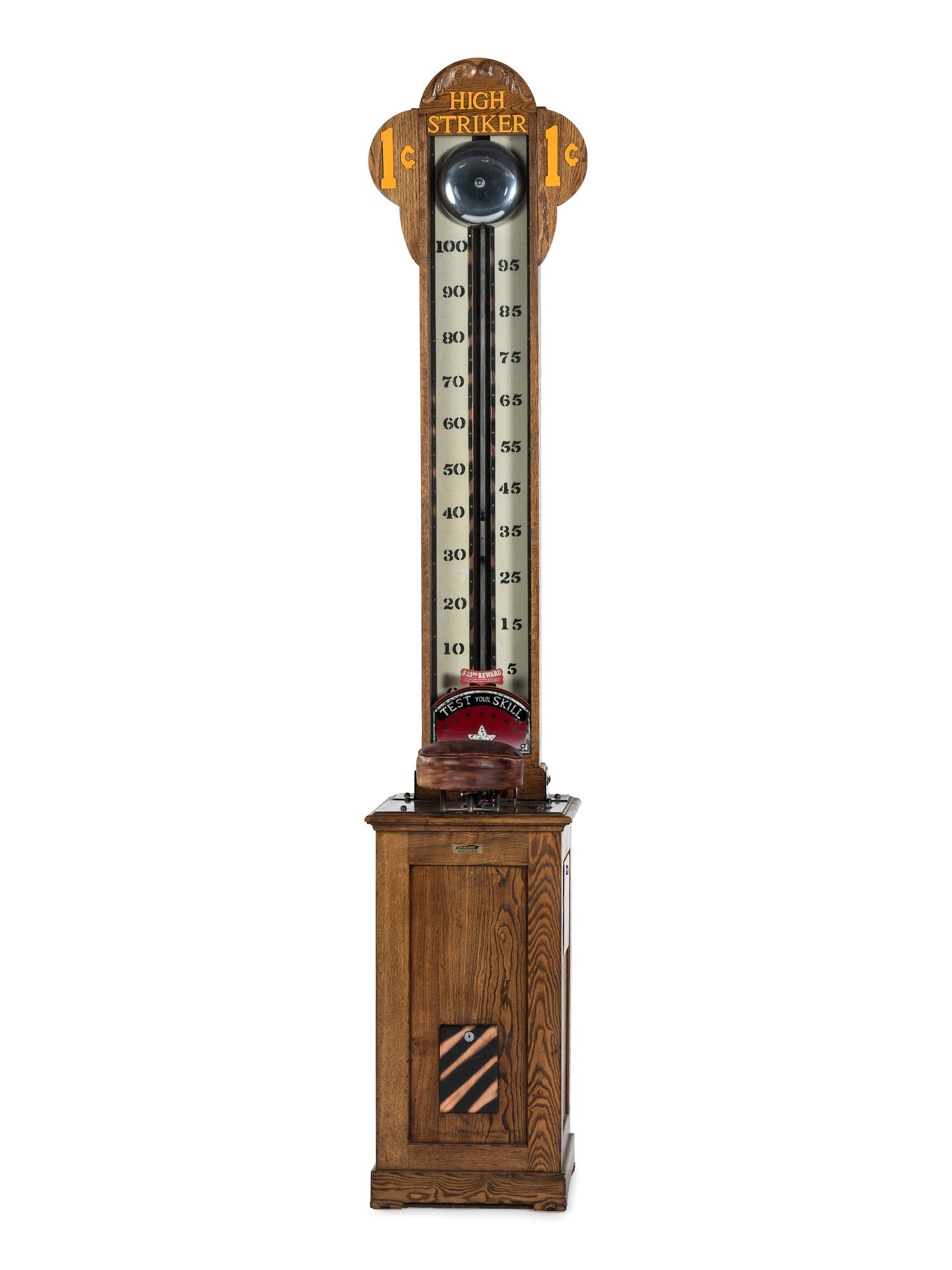 A Mike Munves One Cent High Striker Skill Game in Oak Case