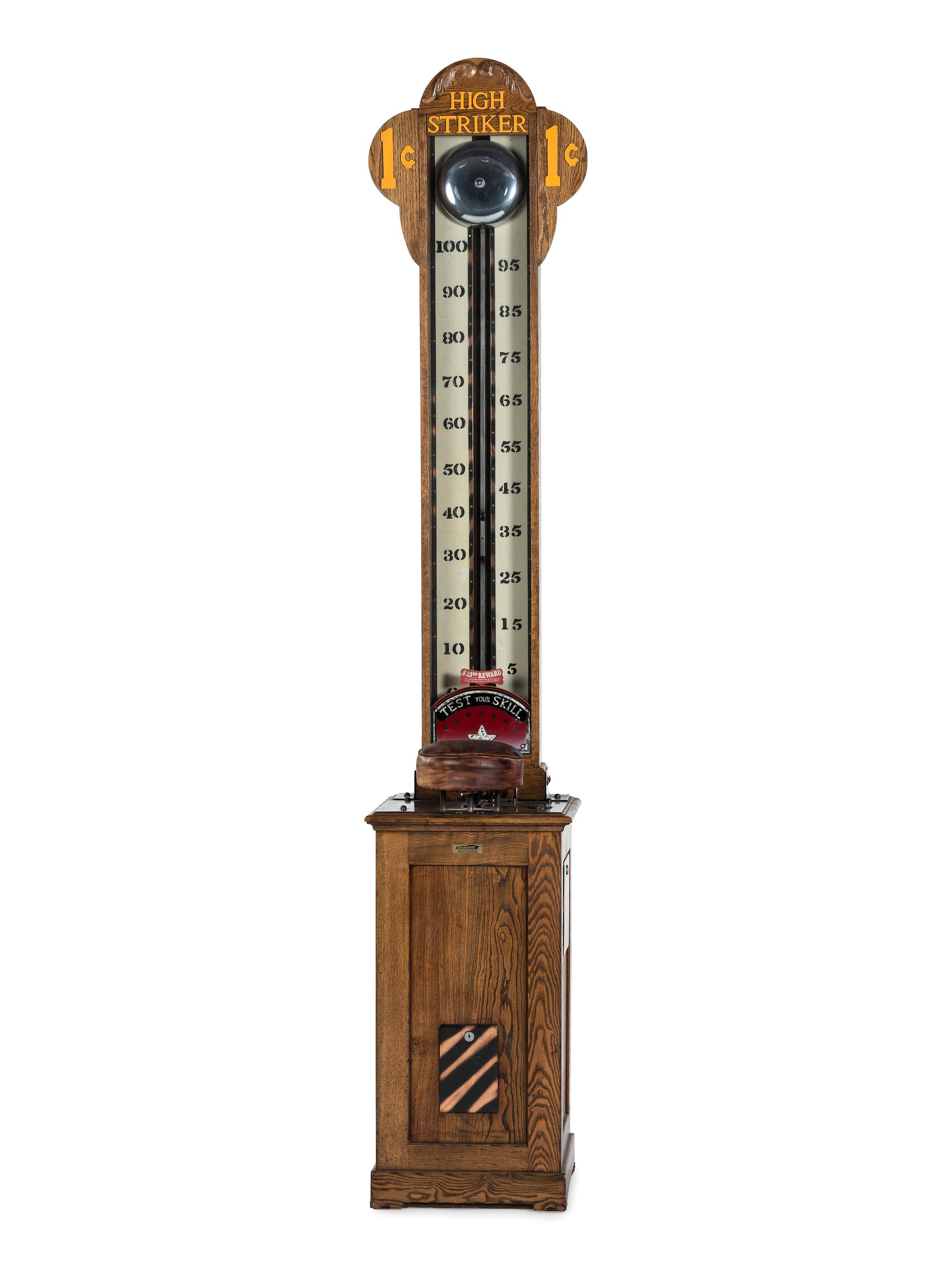 A Mike Munves One Cent High Striker Skill Game in Oak Case