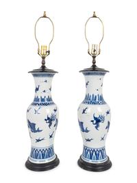 A Pair of Chinese Blue and White Porcelain Baluster-Form Vases Mounted as Lamps — 20TH CENTURY