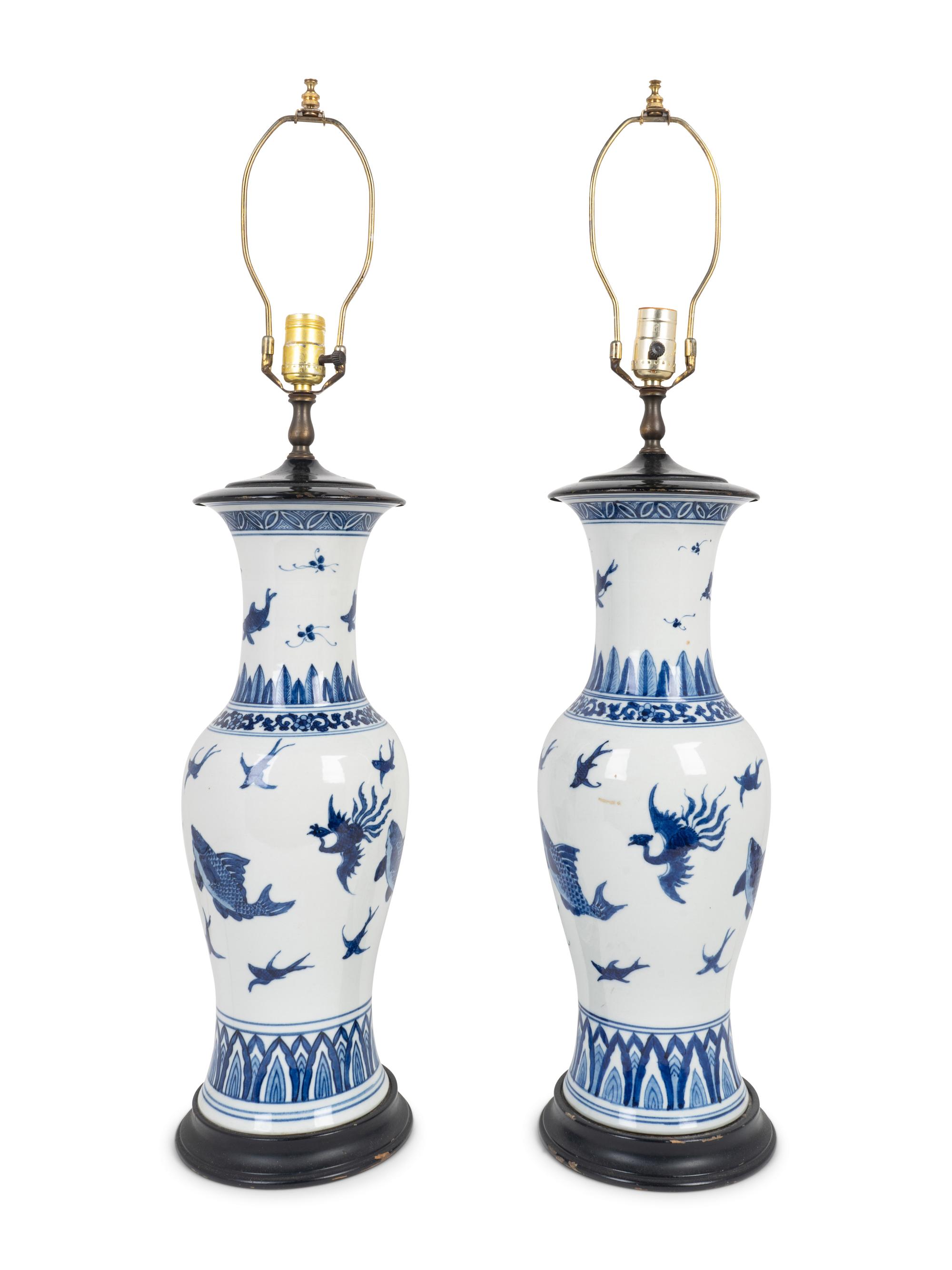 A Pair of Chinese Blue and White Porcelain Baluster-Form Vases Mounted as Lamps — 20TH CENTURY